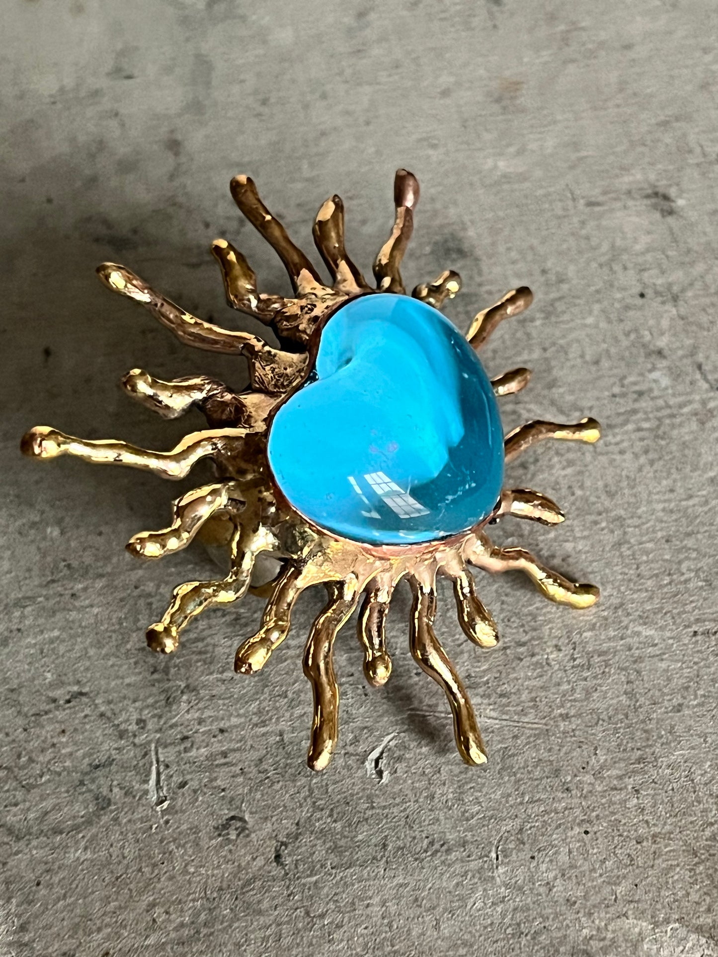 Sun Burst Sacred Glass Heart Ring & Alpaca Metal - Blue