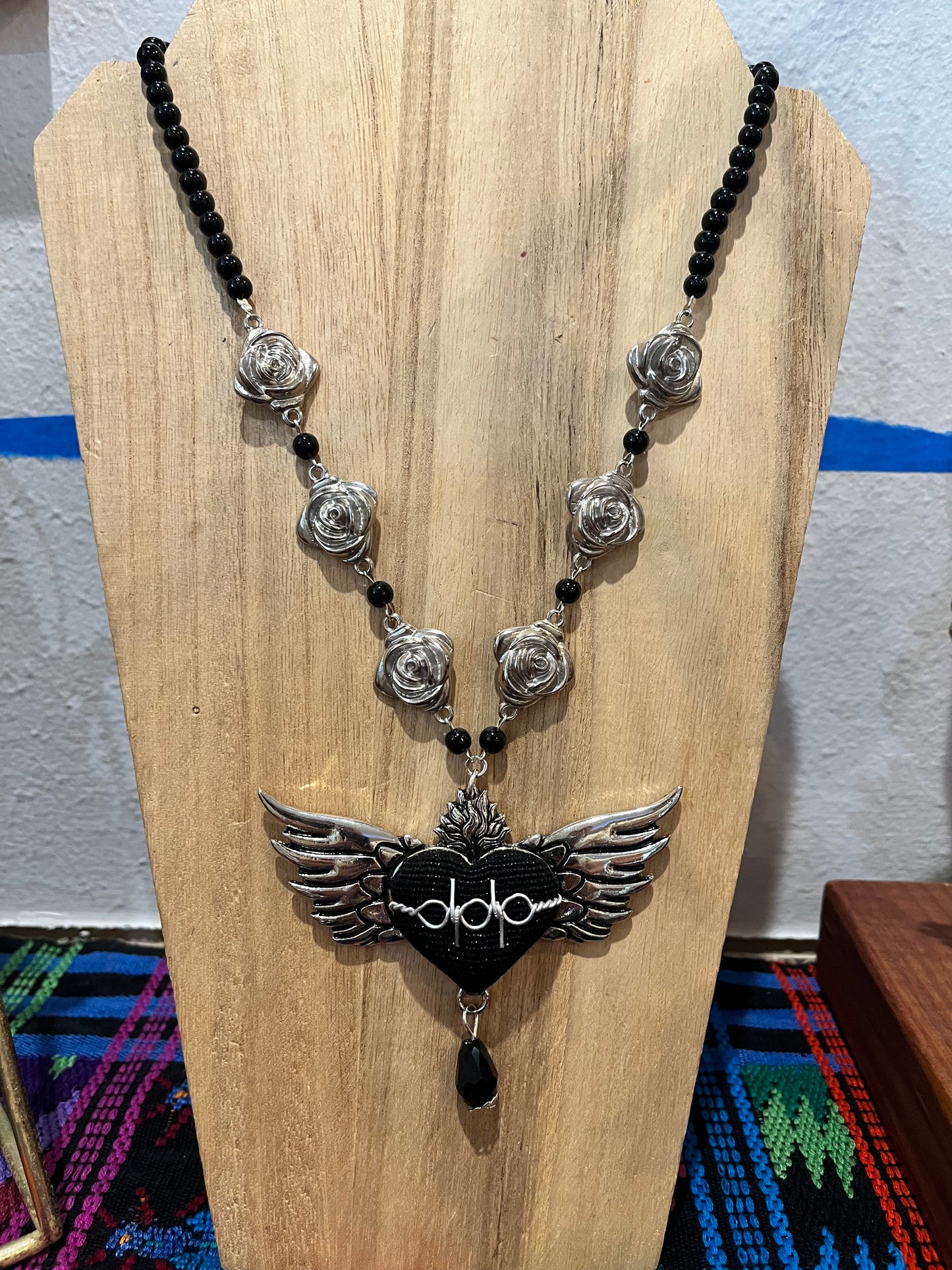 Black Heart Wing Rose Necklace