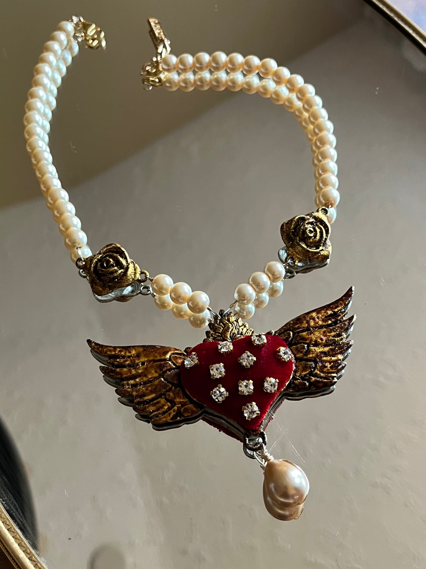 Sacred Heart Wing White Bead Necklace