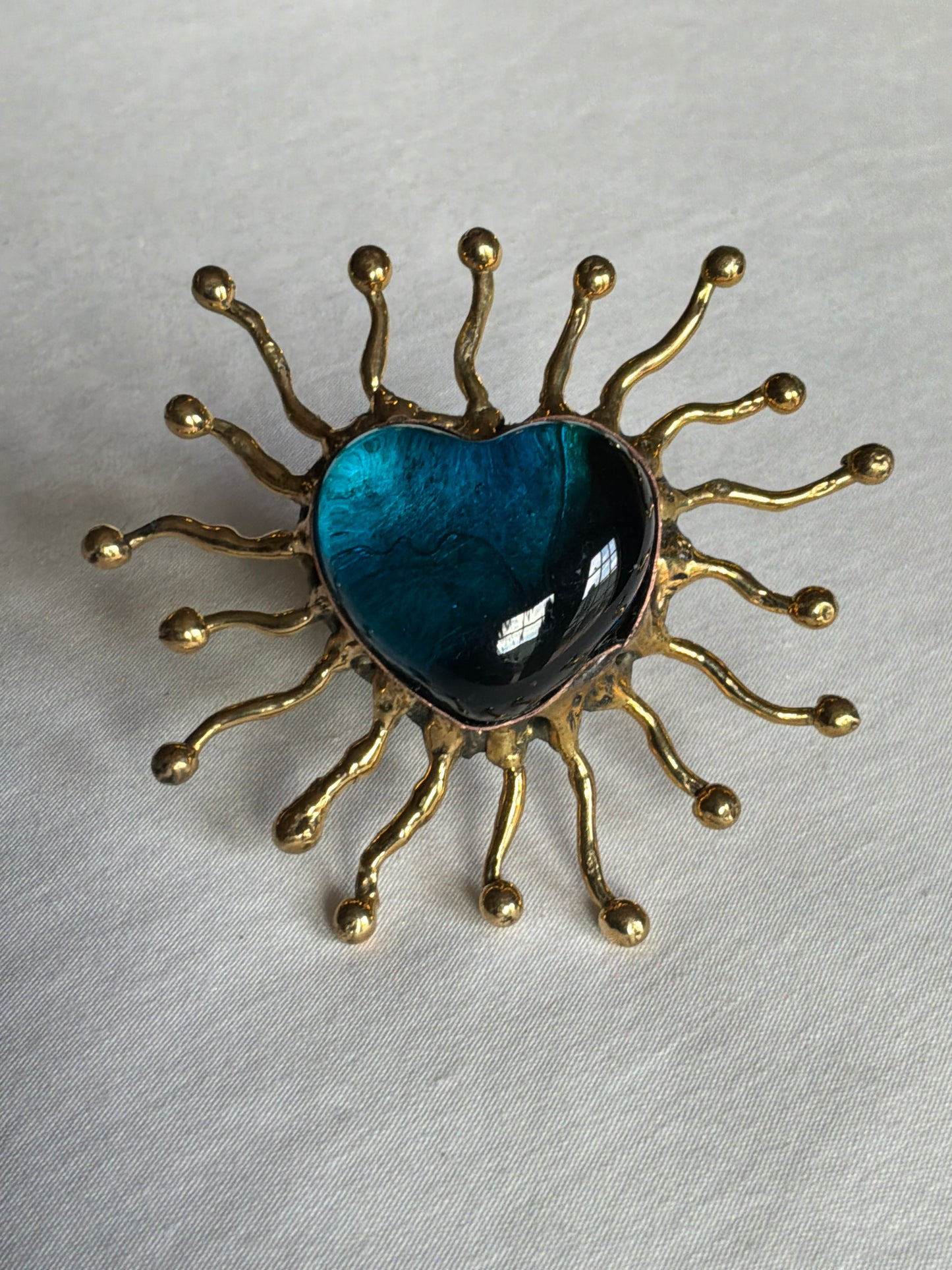 Sun Burst Sacred Glass Heart Ring & Alpaca Metal - Deep Blue