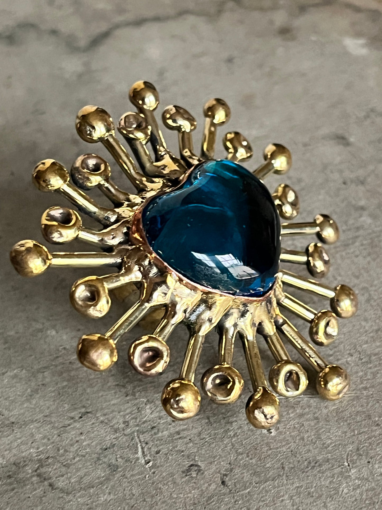 Sun Burst Sacred Glass Heart Ring & Alpaca Metal - Blue