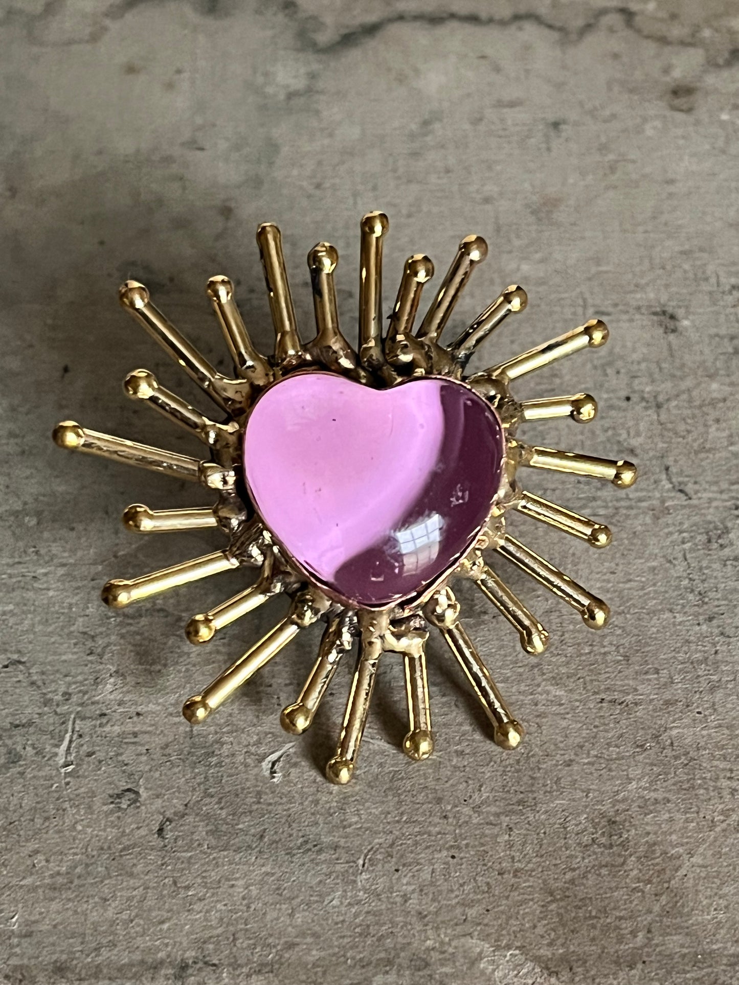 Sun Burst Sacred Glass Heart Ring & Alpaca Metal - Pink