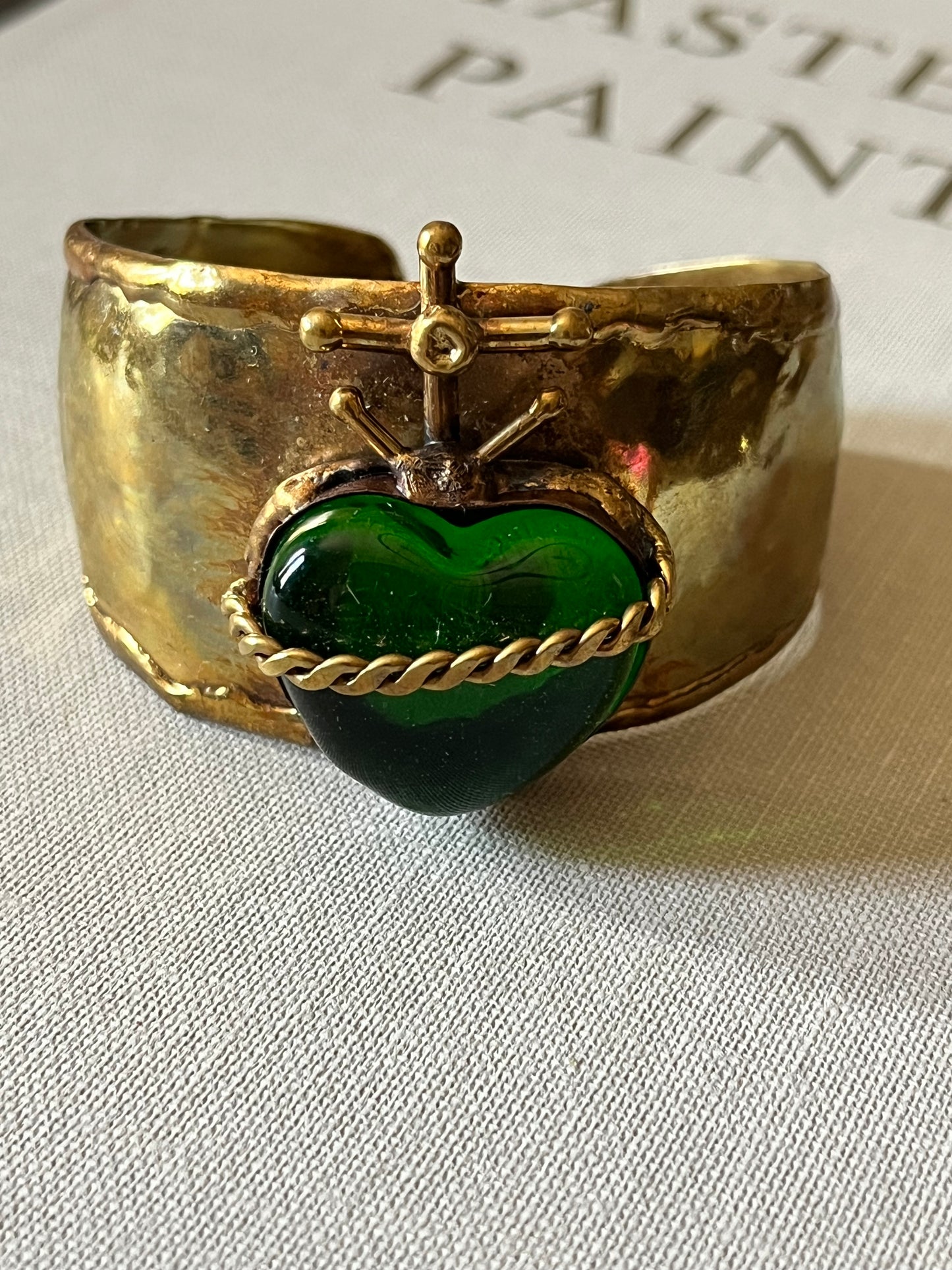 Sun Burst Sacred Heart Handmade Cuff Bracelet – Glass & Alpaca from San Miguel de Allende - Green