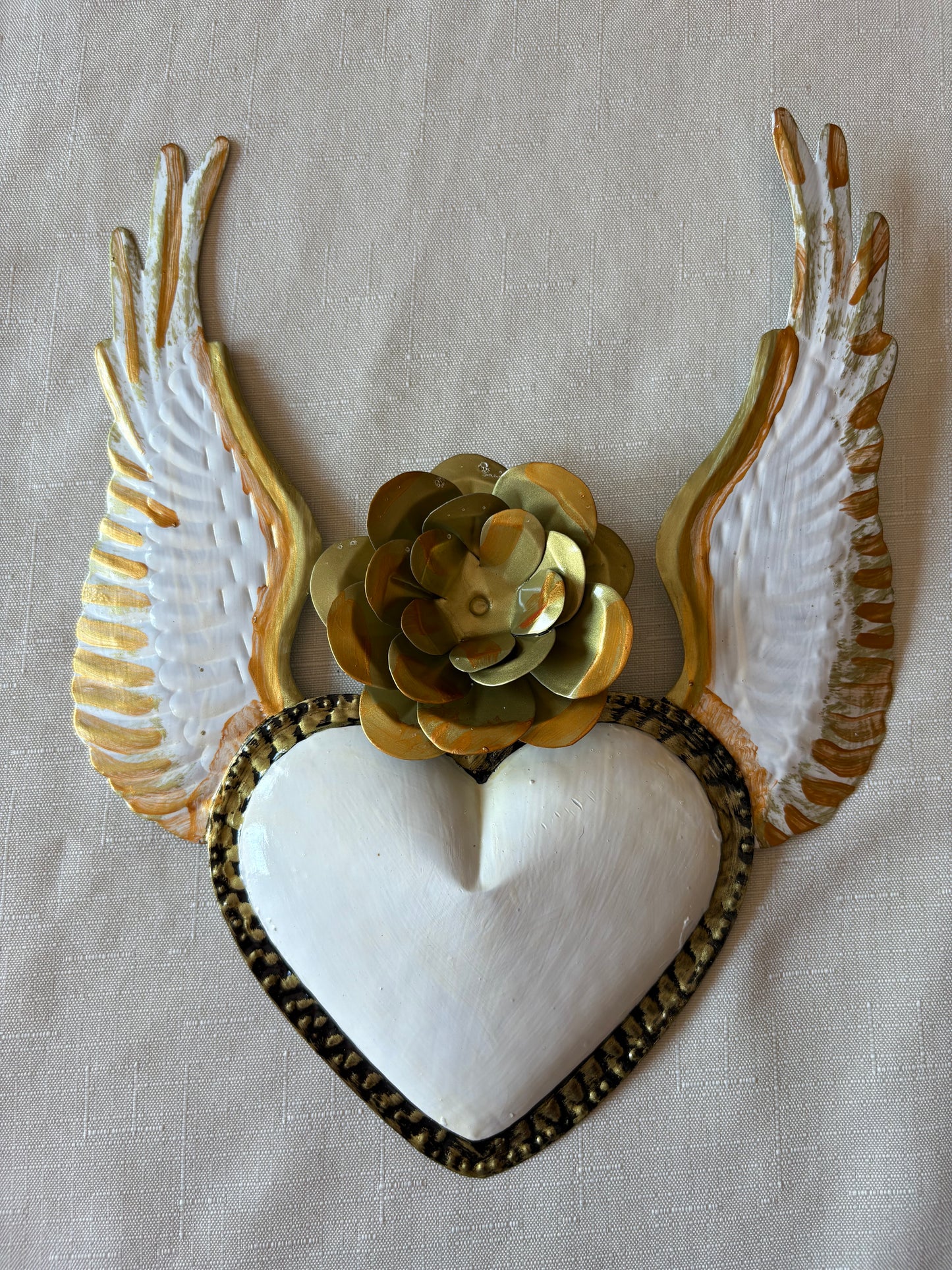 Sacred Heart with Wings in White and Gold Finish