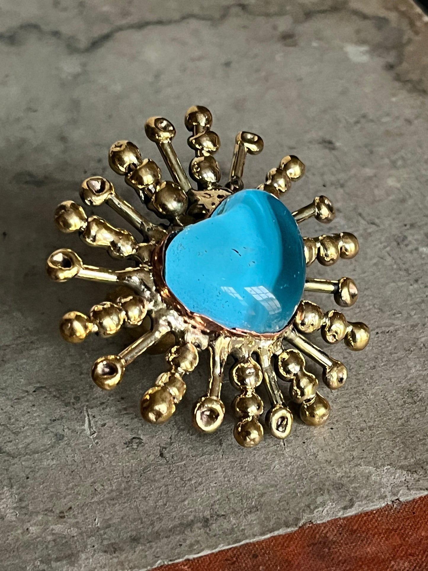 Sun Burst Sacred Glass Heart Ring & Alpaca Metal - Blue