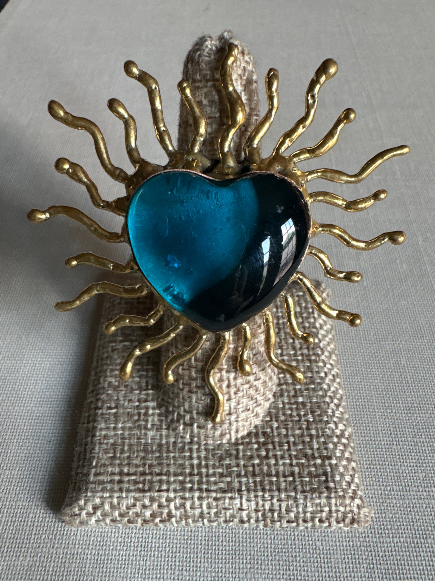 Sun Burst Sacred Glass Heart Ring & Alpaca Metal - Soft Blue