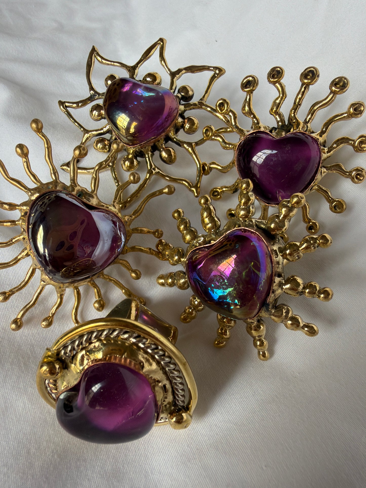 Sunbursts Sacred Heart Handmade Ring - Deep Purple & Purple Iridescent
