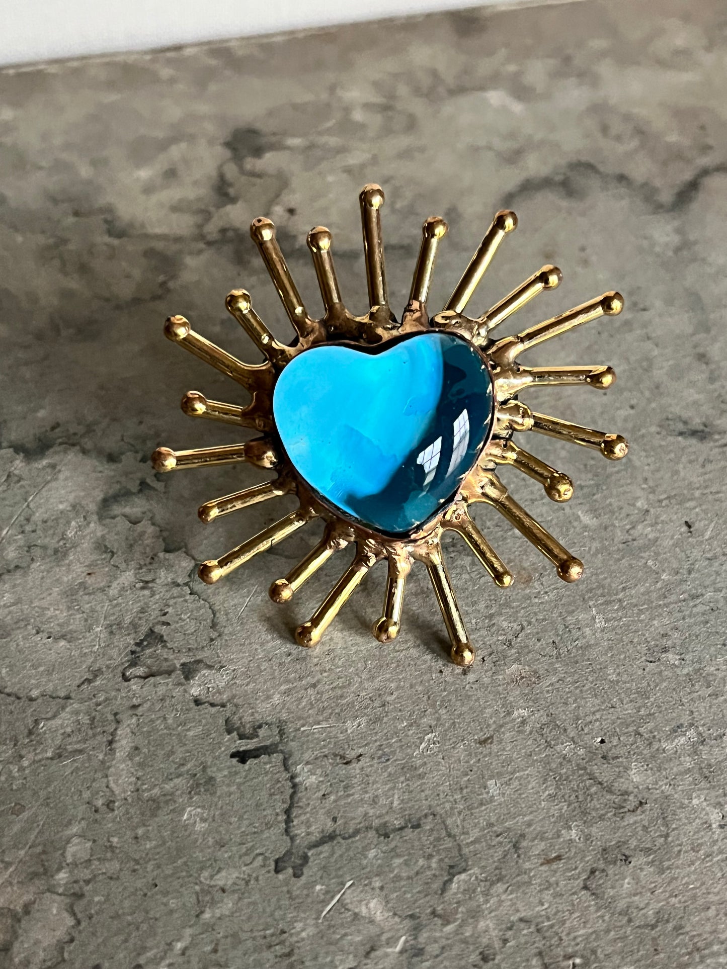 Sun Burst Sacred Glass Heart Ring & Alpaca Metal - Blue