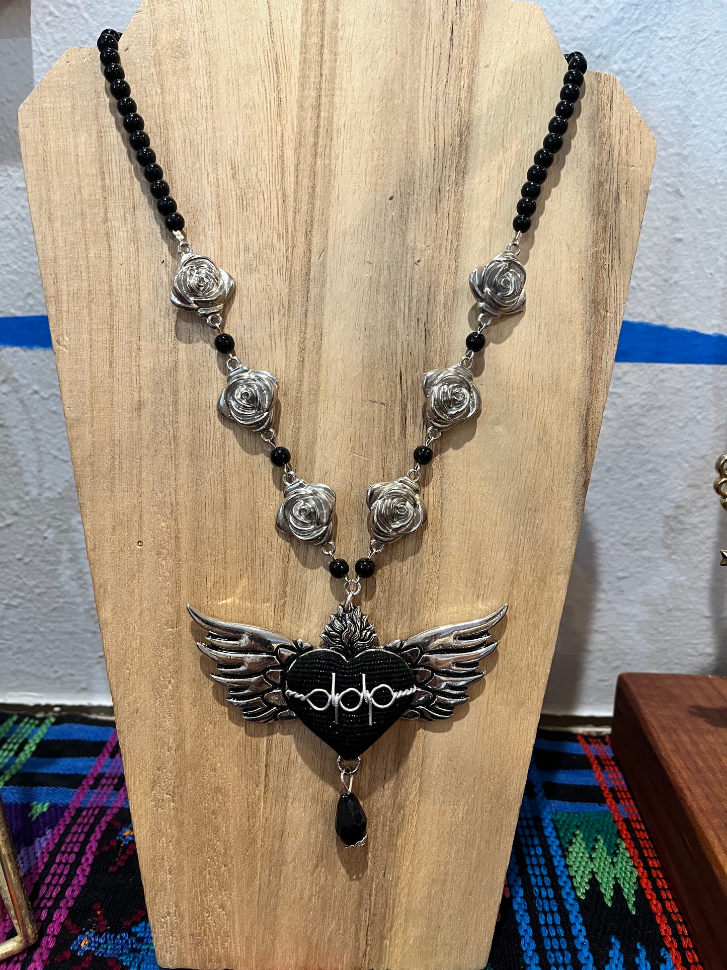 Black Heart Wing Rose Necklace