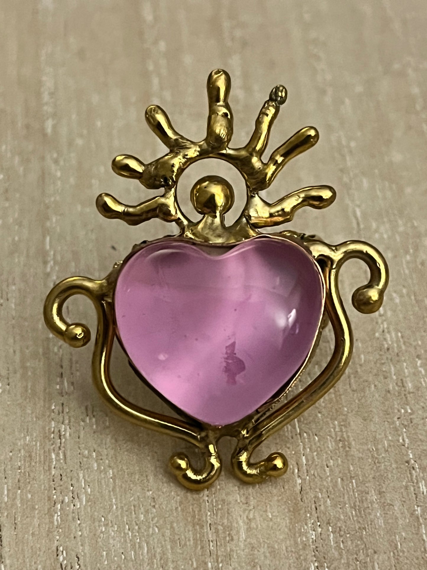 Sun Burst Sacred Glass Heart Ring & Alpaca Metal - Pink