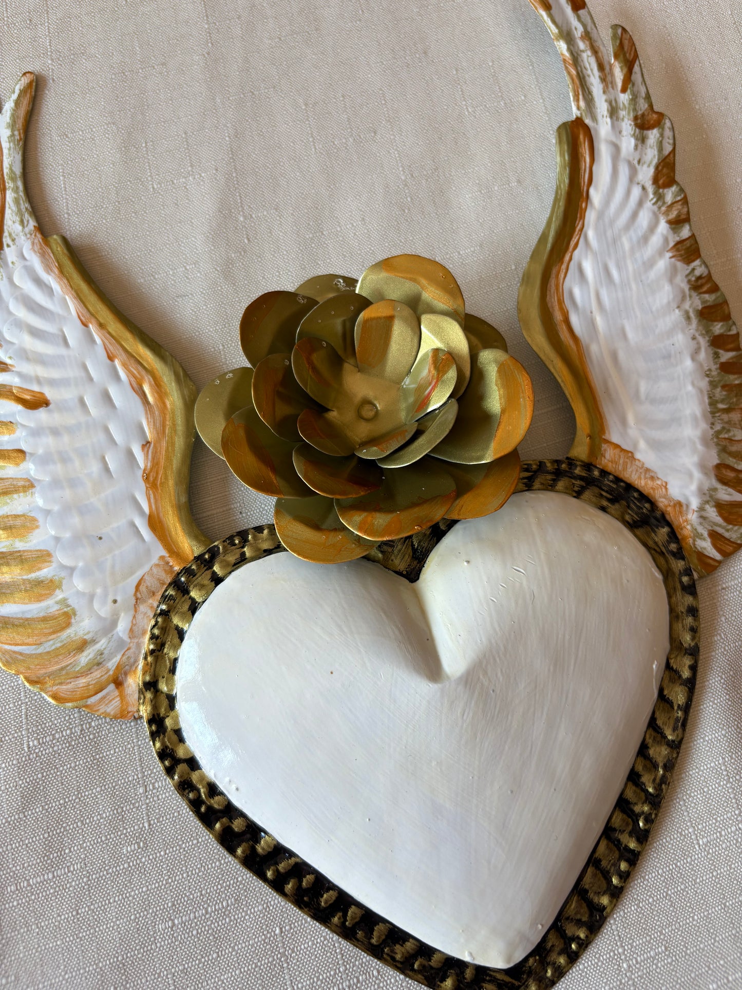 Sacred Heart with Wings in White and Gold Finish