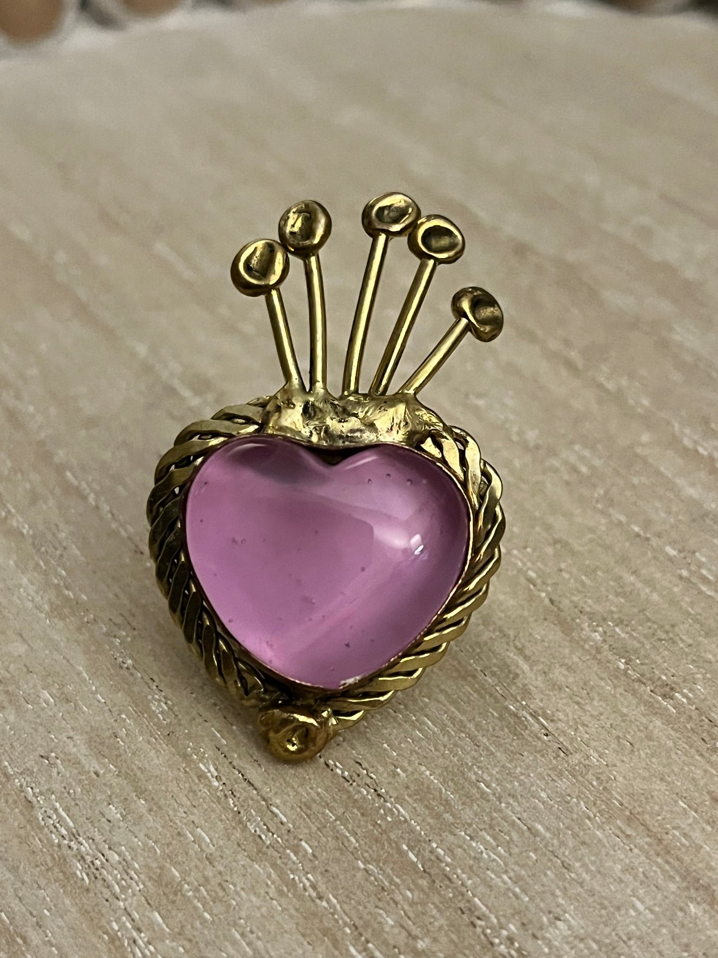 Sun Burst Sacred Glass Heart Ring & Alpaca Metal - Pink