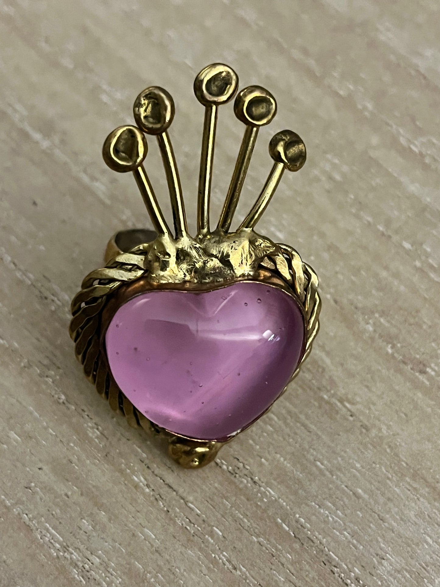 Sun Burst Sacred Glass Heart Ring & Alpaca Metal - Pink