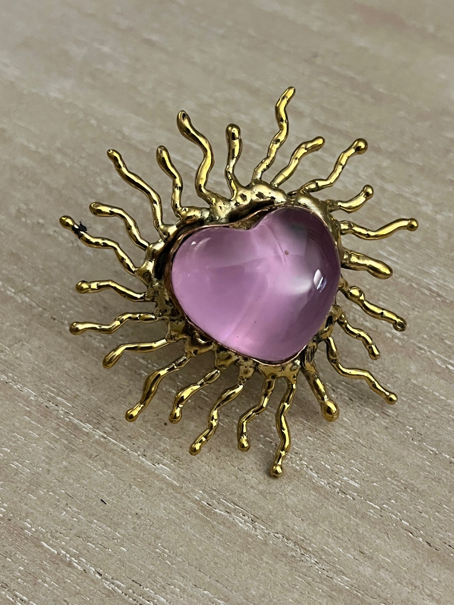 Sun Burst Sacred Glass Heart Ring & Alpaca Metal - Pink