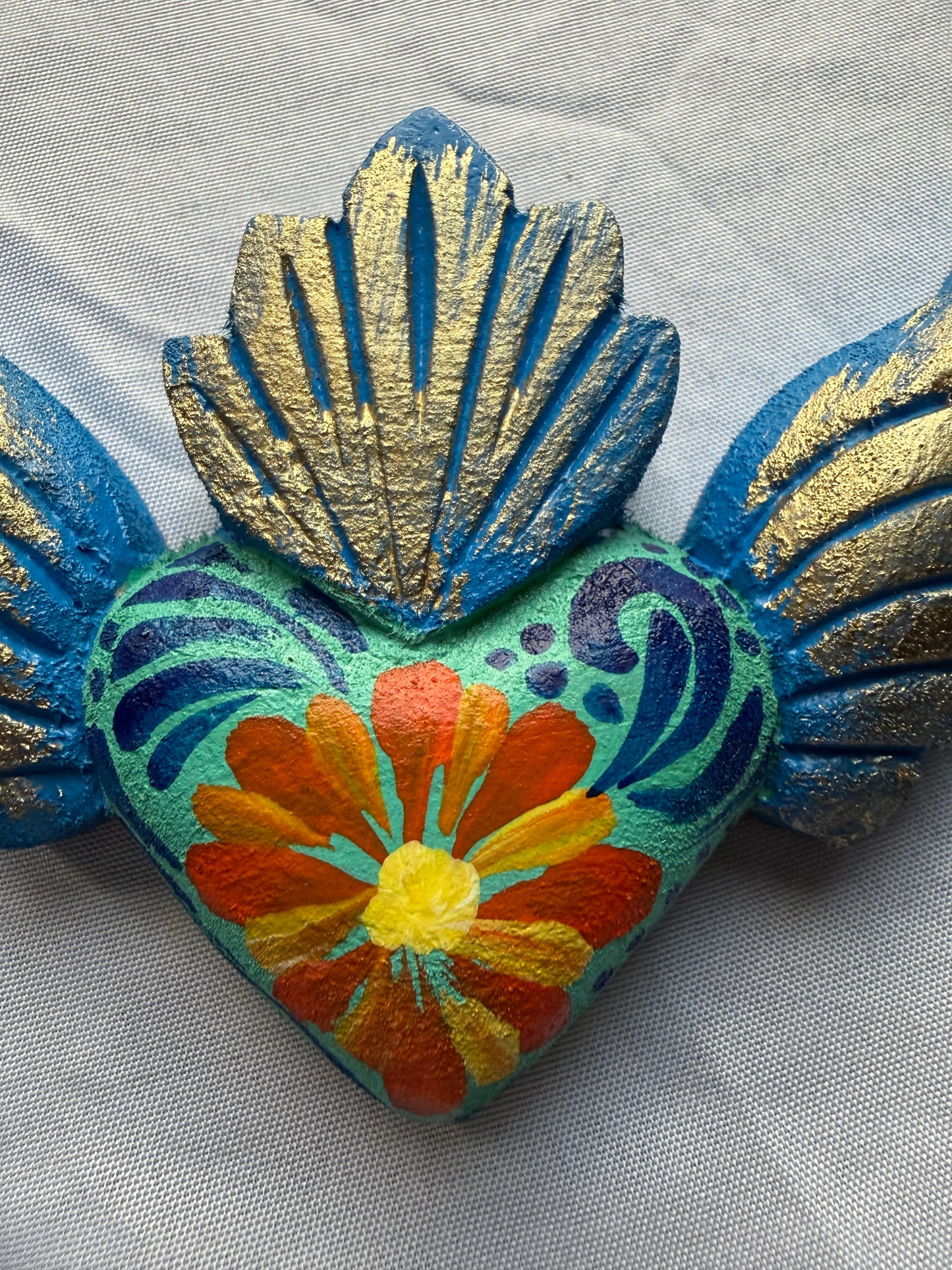 Hand carved Colorful Sacred Heart with Wings Otomi Inspired