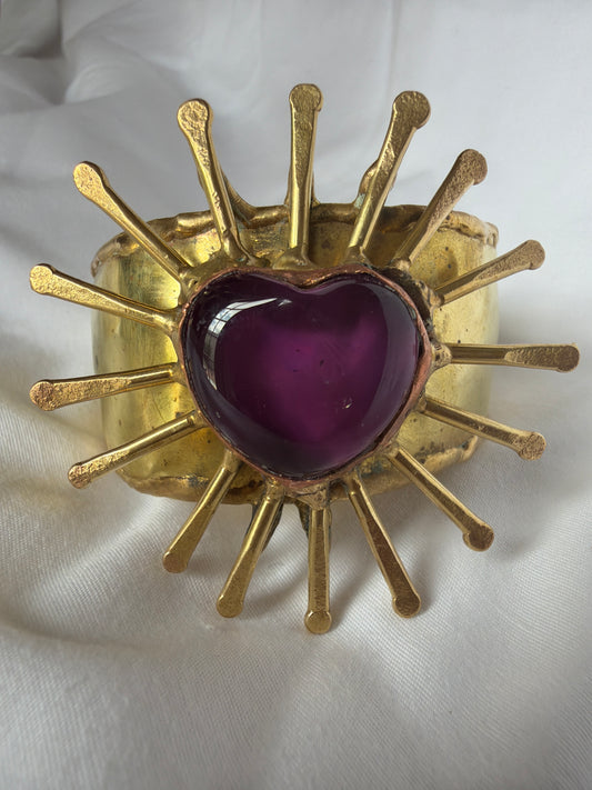 Sunburst Sacred Heart Cuff Bracelet- Deep Plum Amethyst Tone
