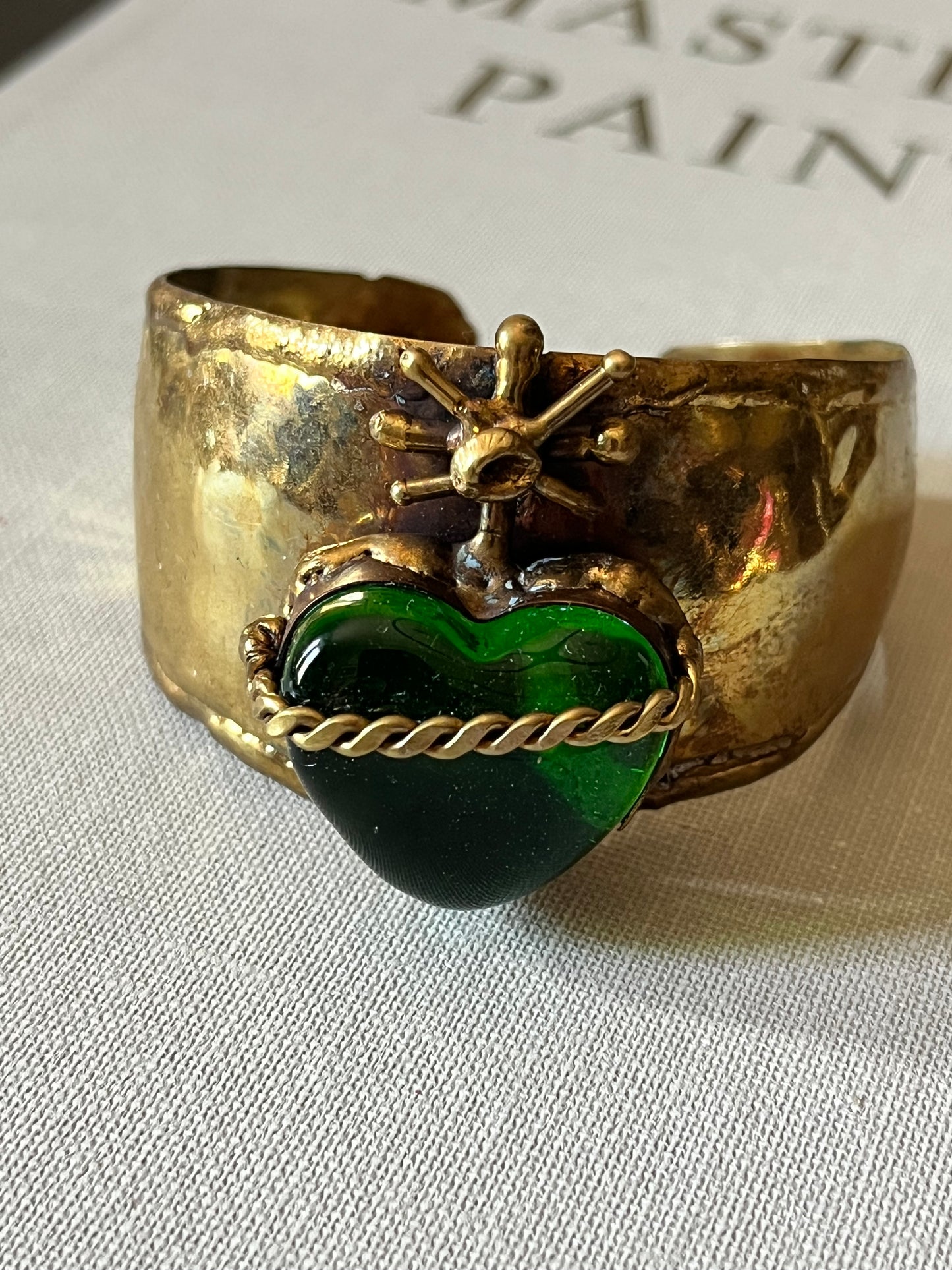 Sun Burst Sacred Heart Handmade Cuff Bracelet – Glass & Alpaca from San Miguel de Allende - Green