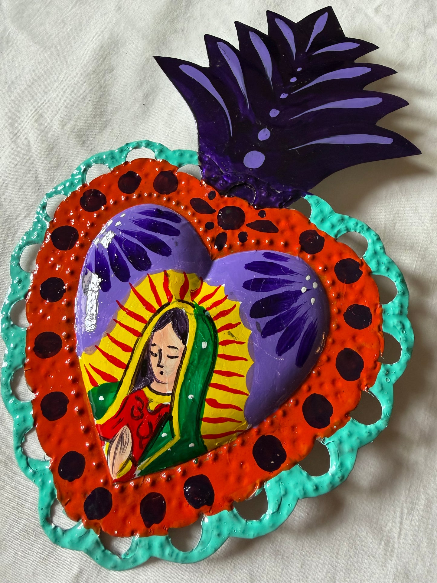Virgen de Guadalupe Heart - Hand-painted Metal