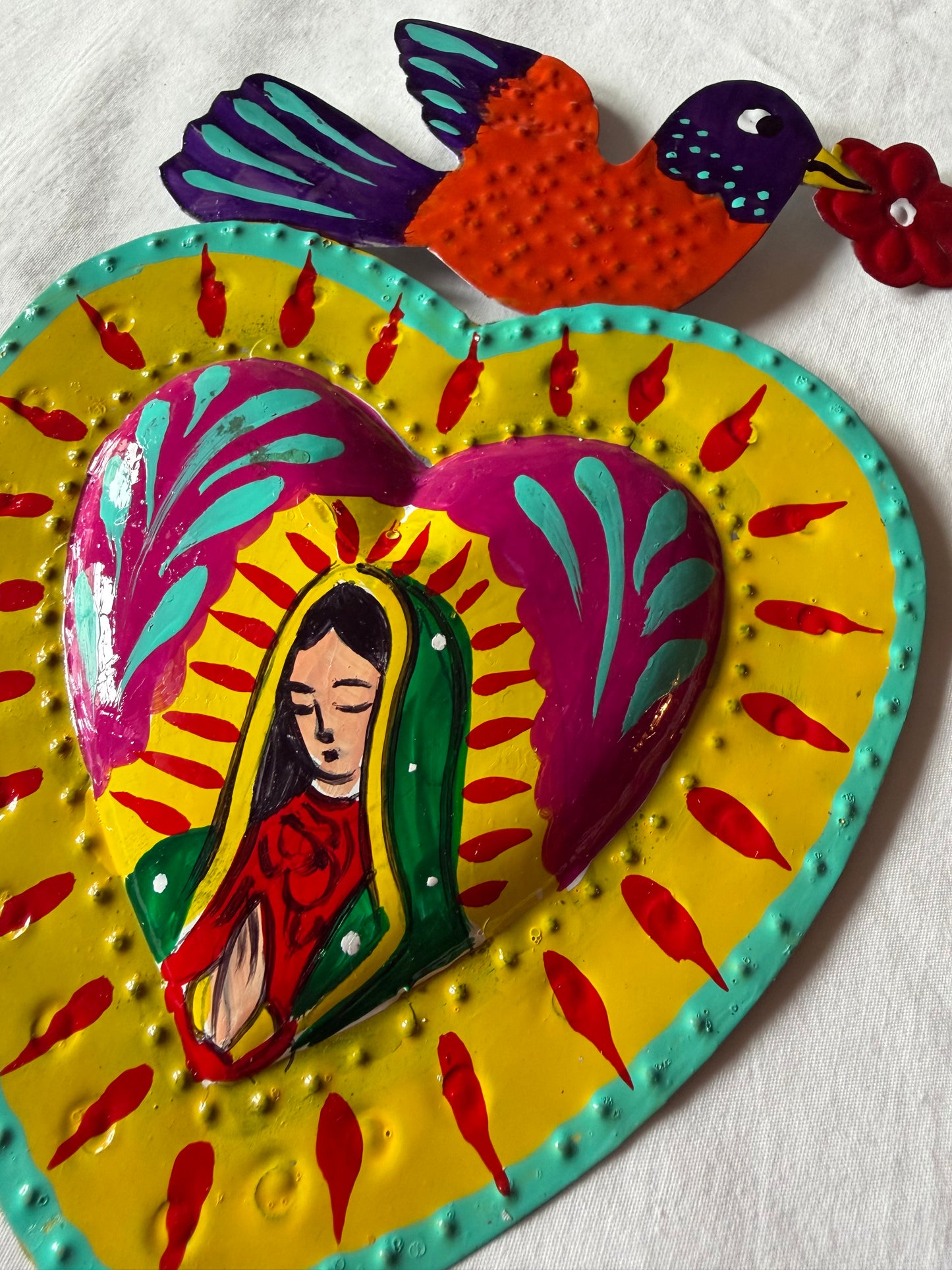 Virgen de Guadalupe Heart - Hand-painted Metal