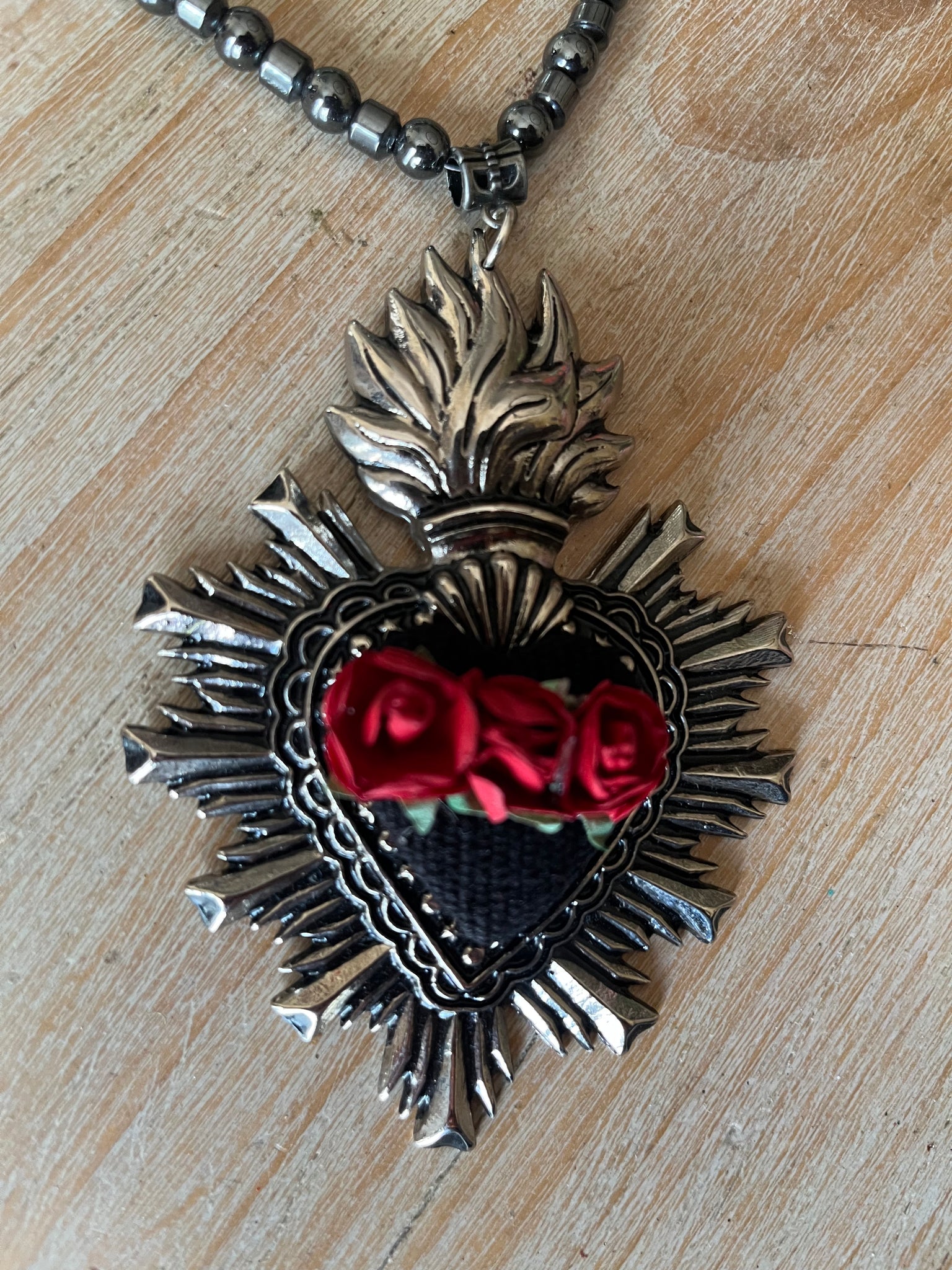 Sacred Heart Rose Bead Necklace