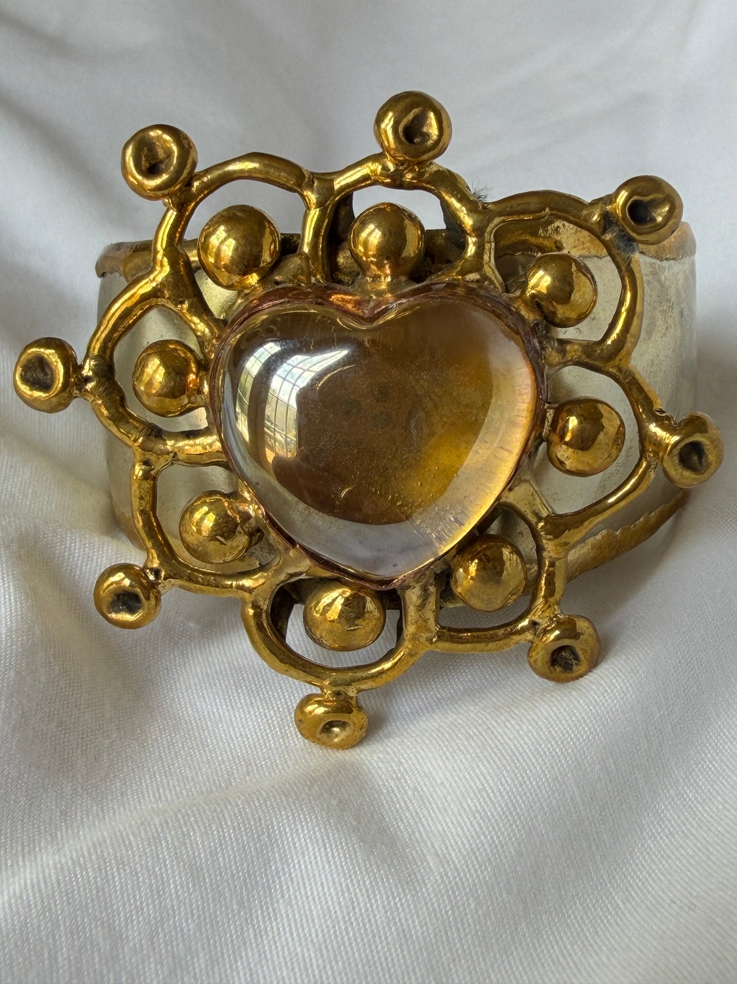Sunburst Sacred Heart Cuff Bracelet Handmade- Yellow & Iridescent