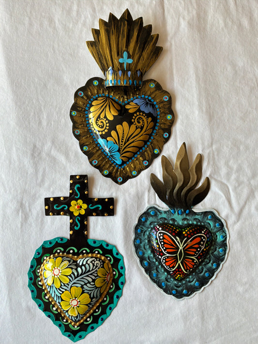 Black Otomi Inspired Handpainted Sacred Heart - Wall Decor Tin