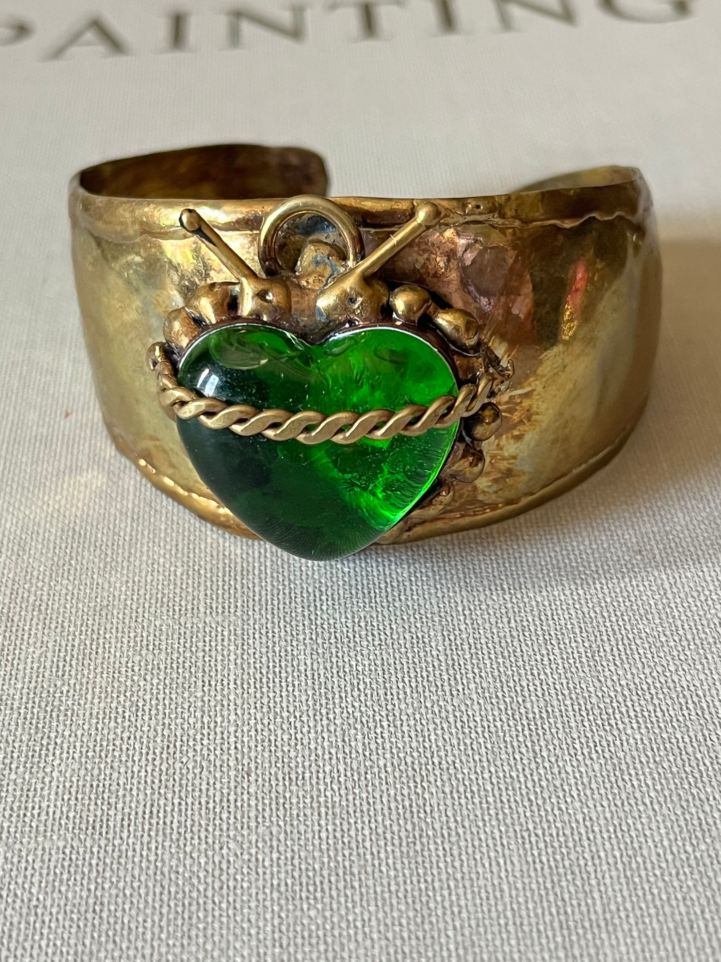 Sun Burst Sacred Heart Handmade Cuff Bracelet – Glass & Alpaca from San Miguel de Allende - Green