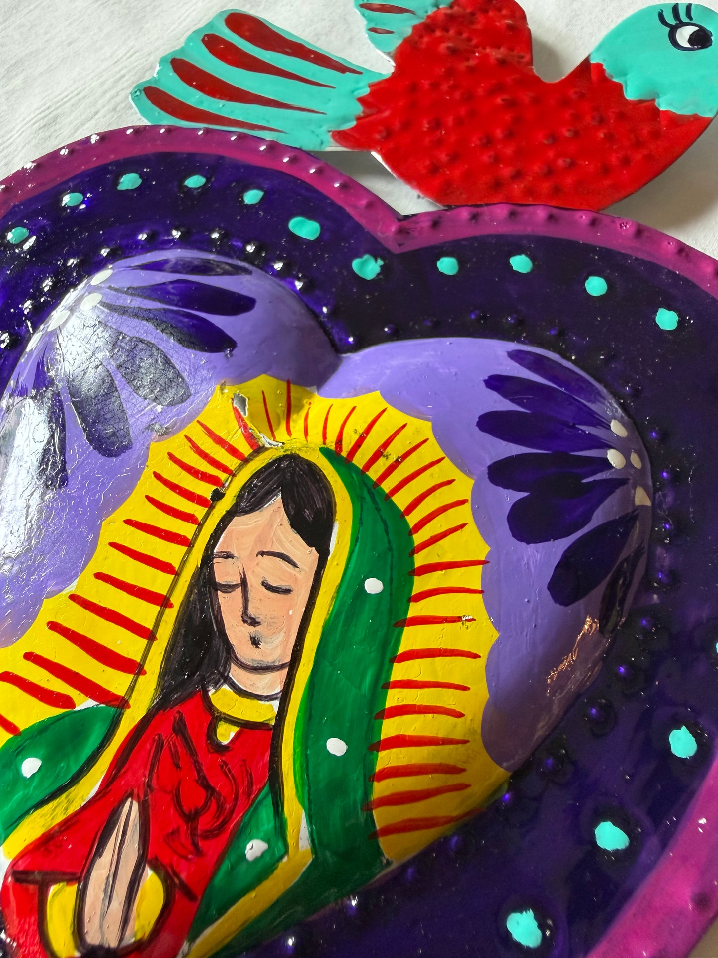 Virgen de Guadalupe Heart - Hand-painted Metal