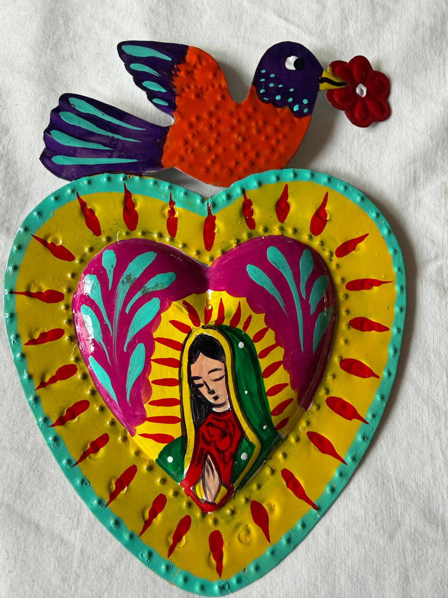 Virgen de Guadalupe Heart - Hand-painted Metal