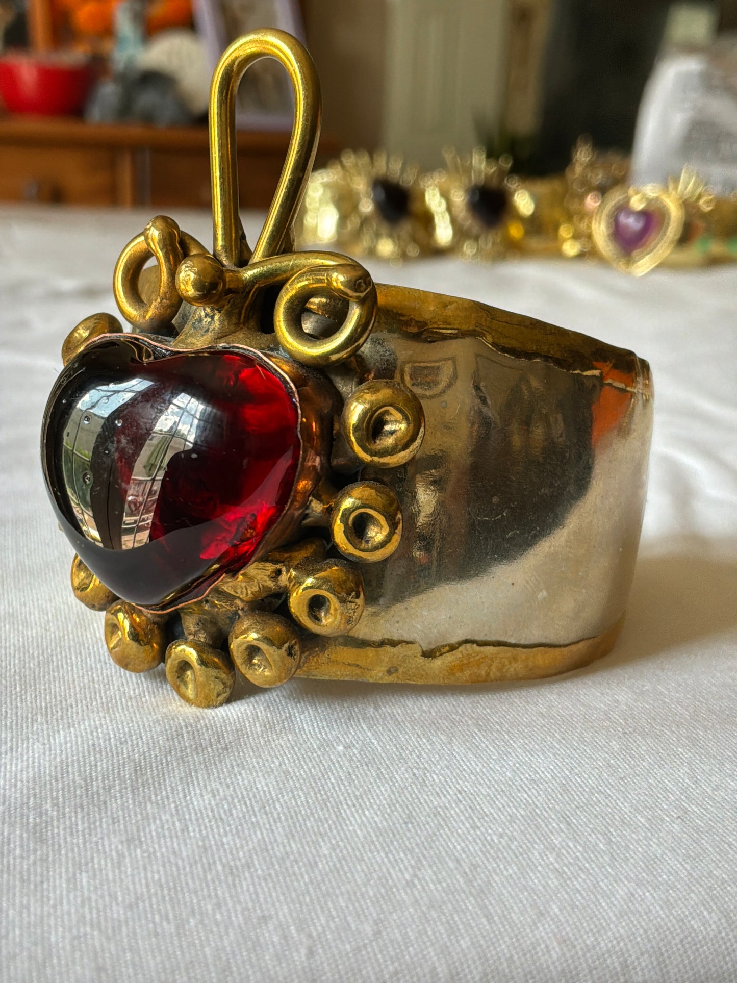 Sunburst Sacred Heart Handmade Cuff – Red