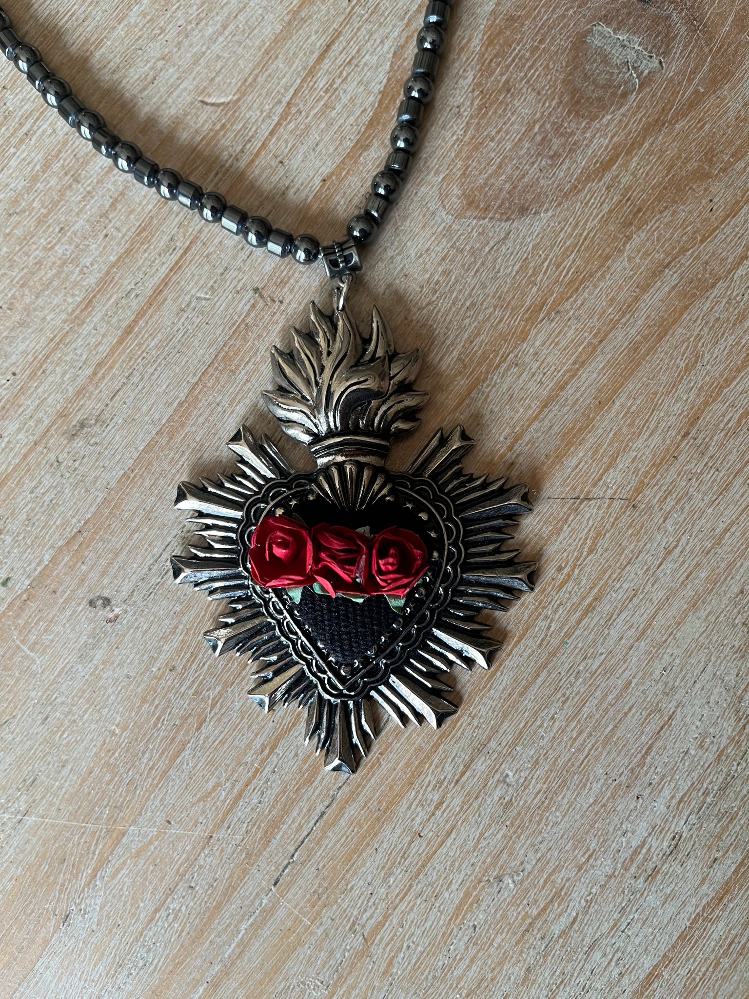 Sacred Heart Rose Bead Necklace