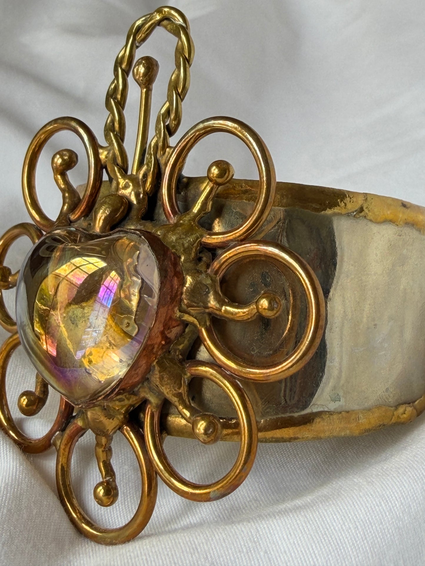 Sunburst Sacred Heart Cuff Bracelet Handmade- Yellow & Iridescent
