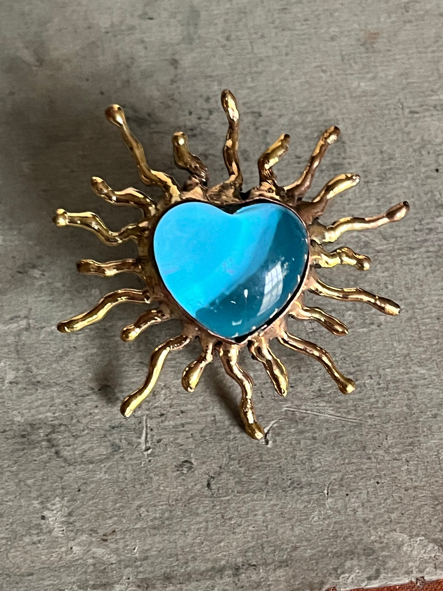 Sun Burst Sacred Glass Heart Ring & Alpaca Metal - Blue