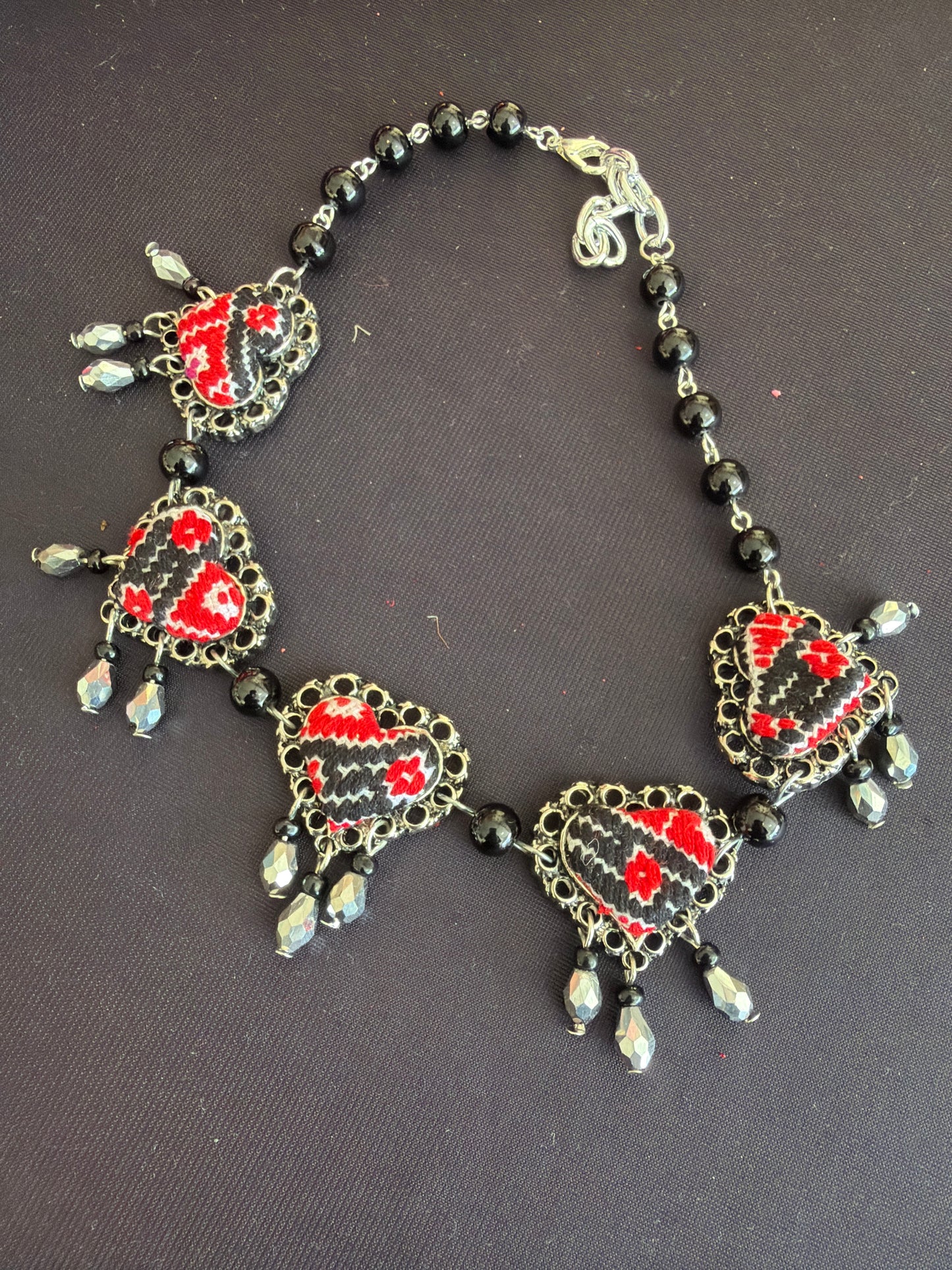 Embroidered Heart with dangling beads Short Necklace