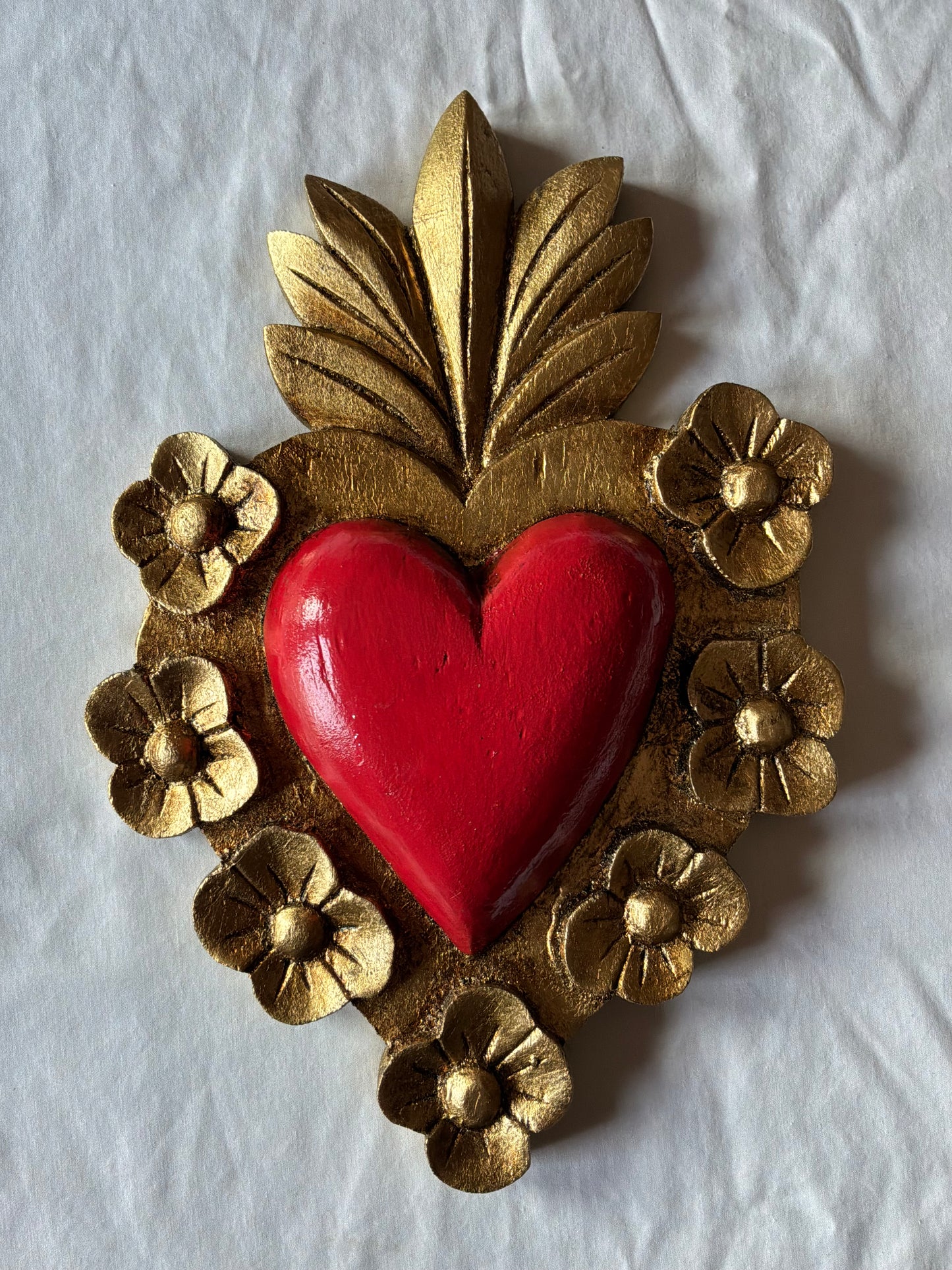Hand carved Flower Flaming Sacred Heart