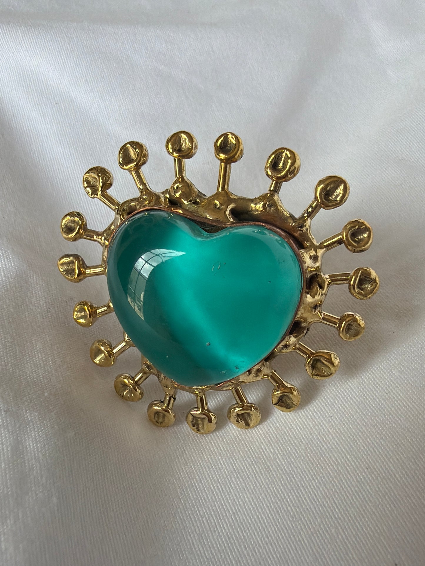 Sunburst Sacred Heart Handmade Ring - Teal & Iridescent