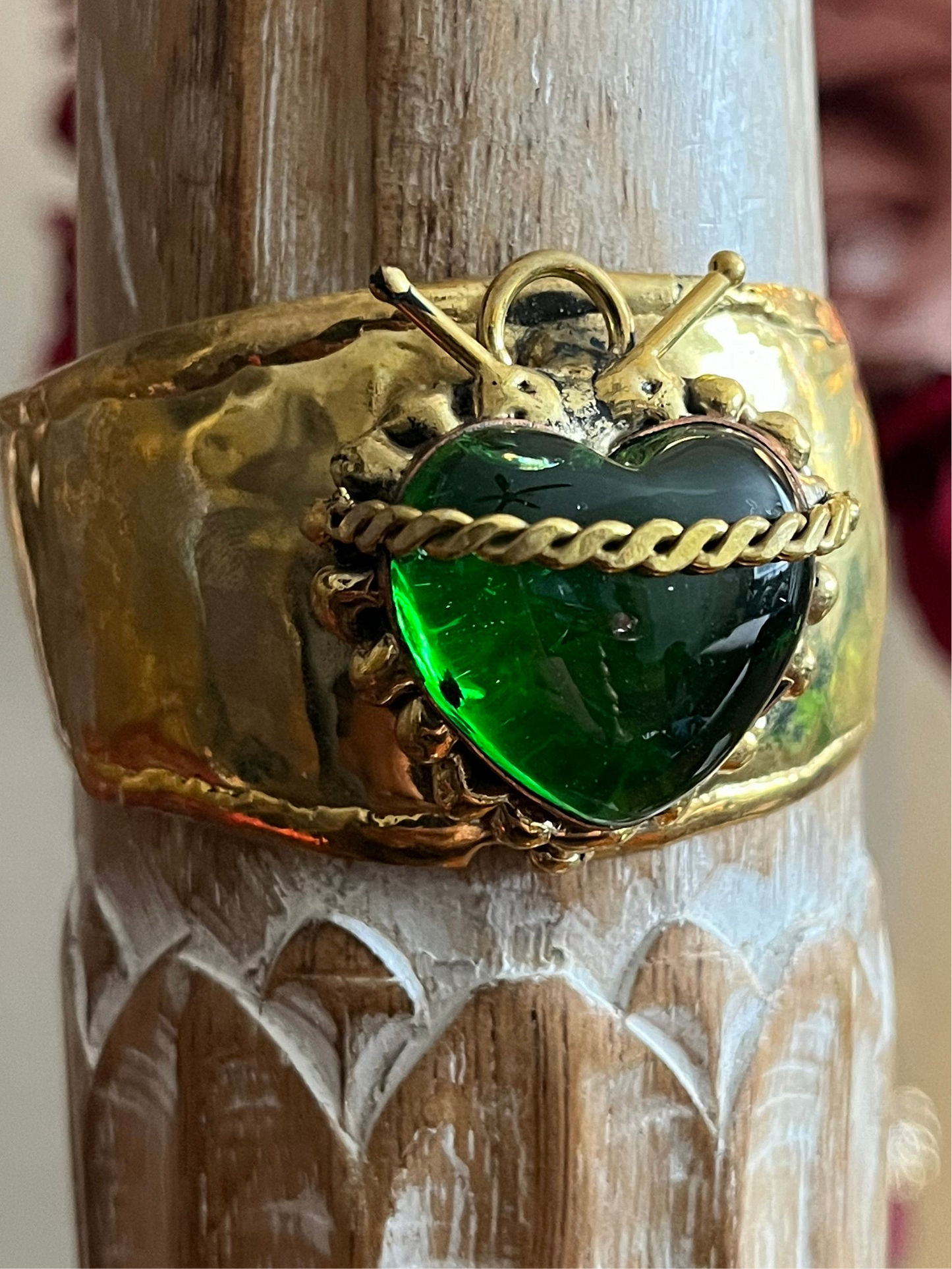 Sun Burst Sacred Heart Handmade Cuff Bracelet – Glass & Alpaca from San Miguel de Allende - Green