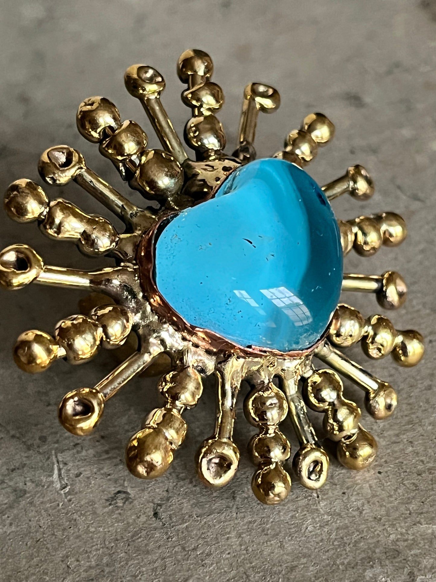 Sun Burst Sacred Glass Heart Ring & Alpaca Metal - Blue