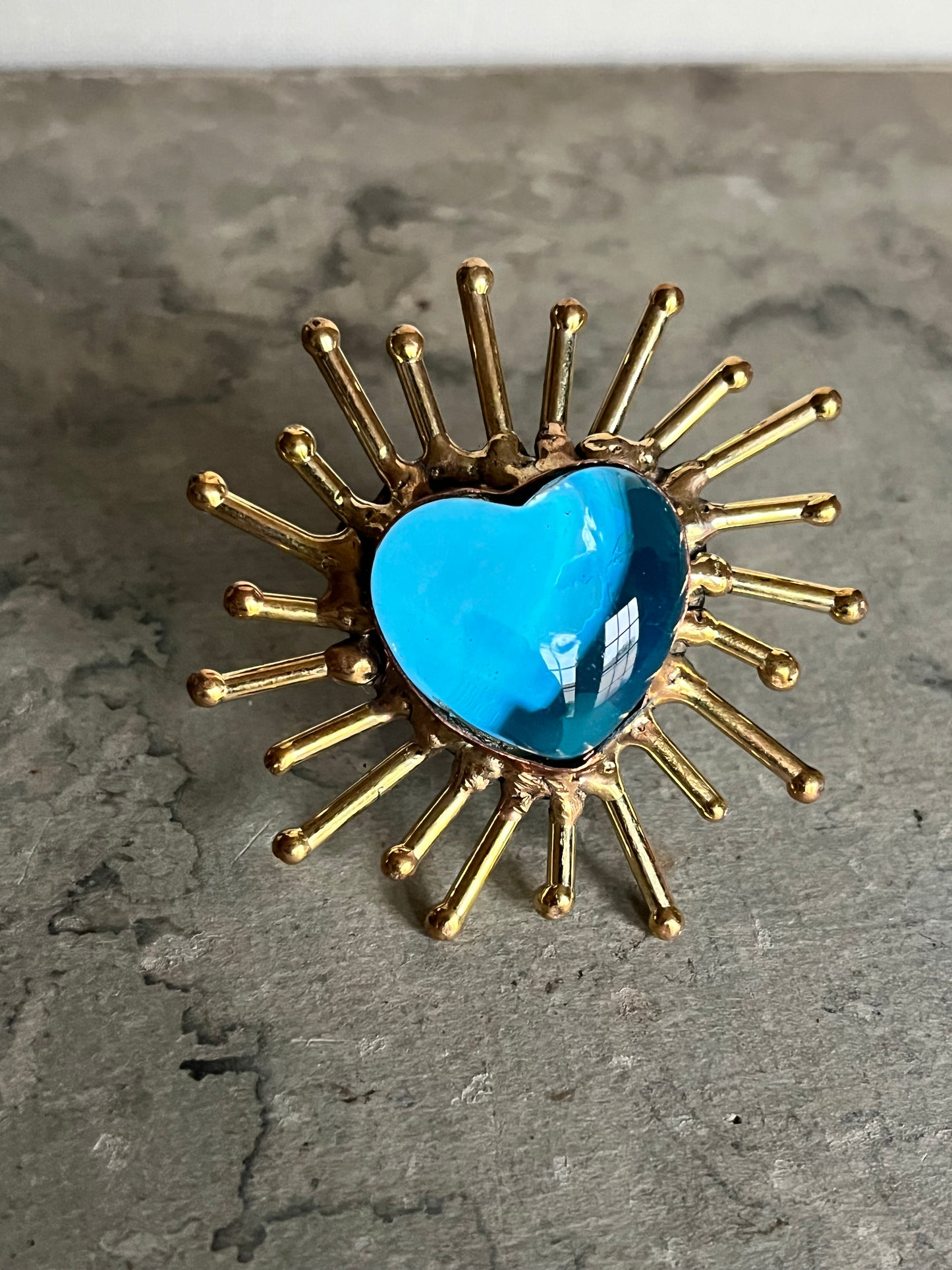 Sun Burst Sacred Glass Heart Ring & Alpaca Metal - Blue