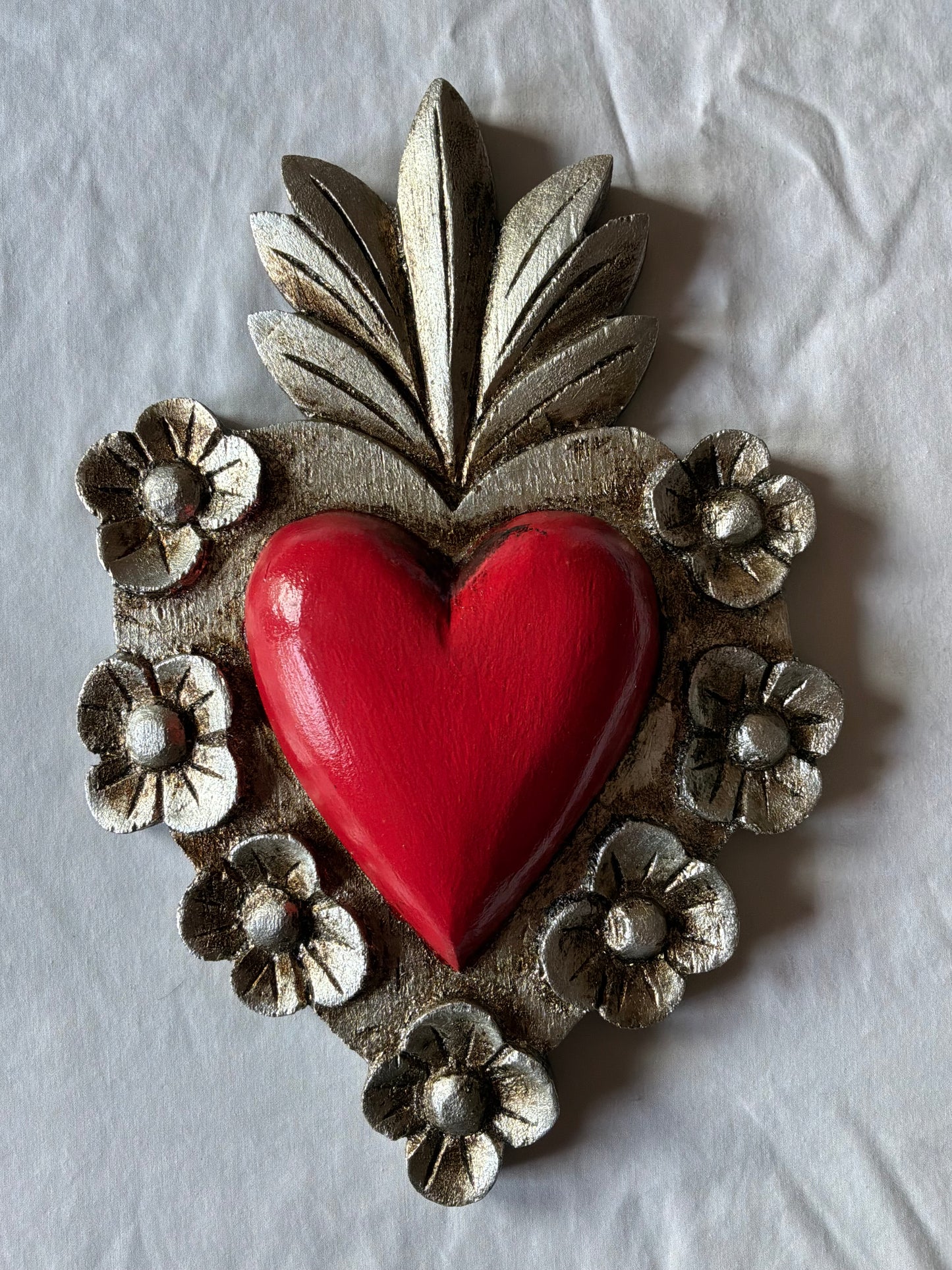 Hand carved Flower Flaming Sacred Heart