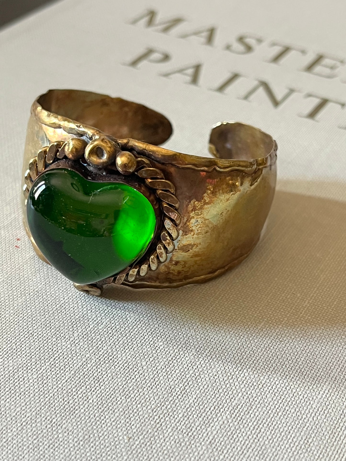 Sun Burst Sacred Heart Handmade Cuff Bracelet – Glass & Alpaca from San Miguel de Allende - Green