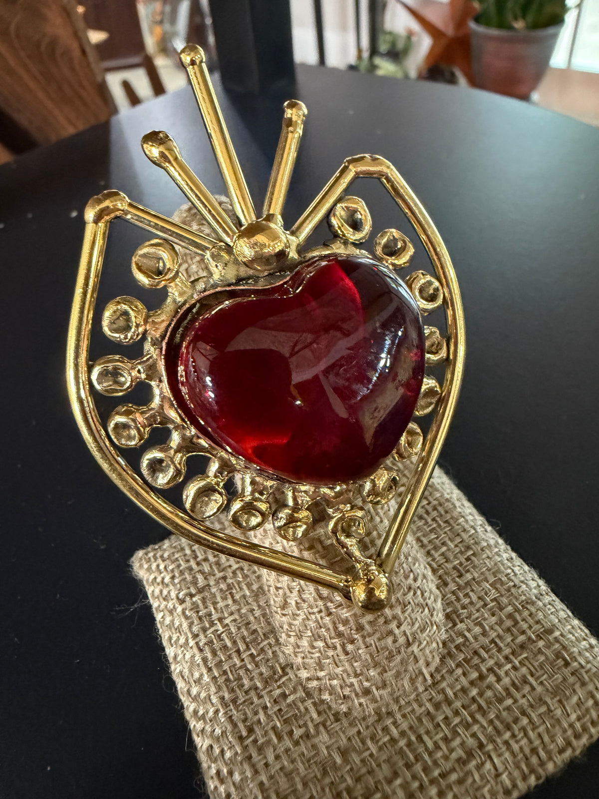 Sunburst - Sacred Heart Glass Ring - Deep Red