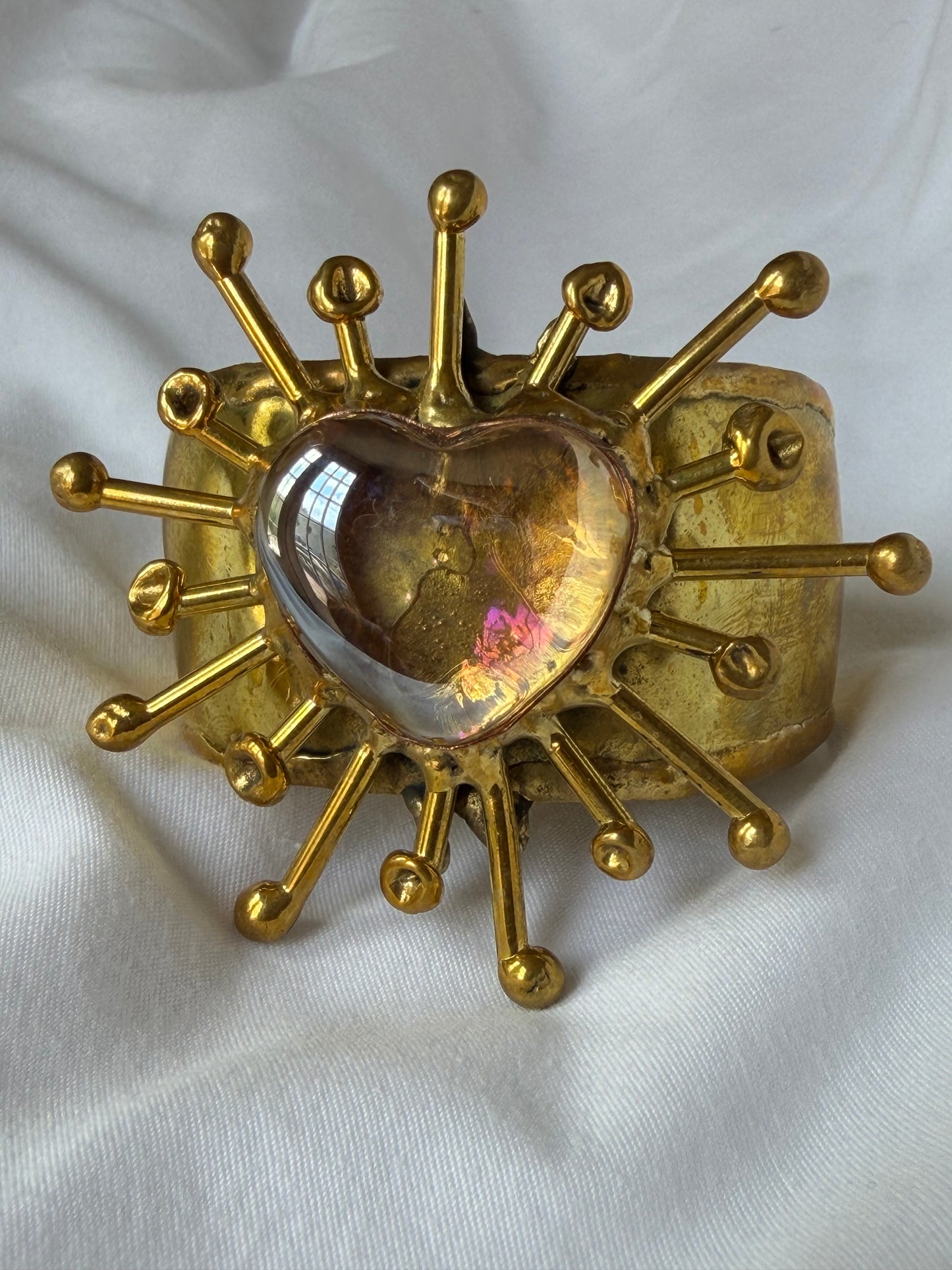 Sunburst Sacred Heart Cuff Bracelet Handmade- Yellow & Iridescent