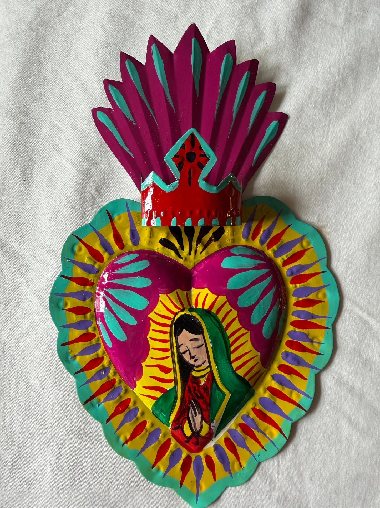Virgen de Guadalupe Heart - Hand-painted Metal