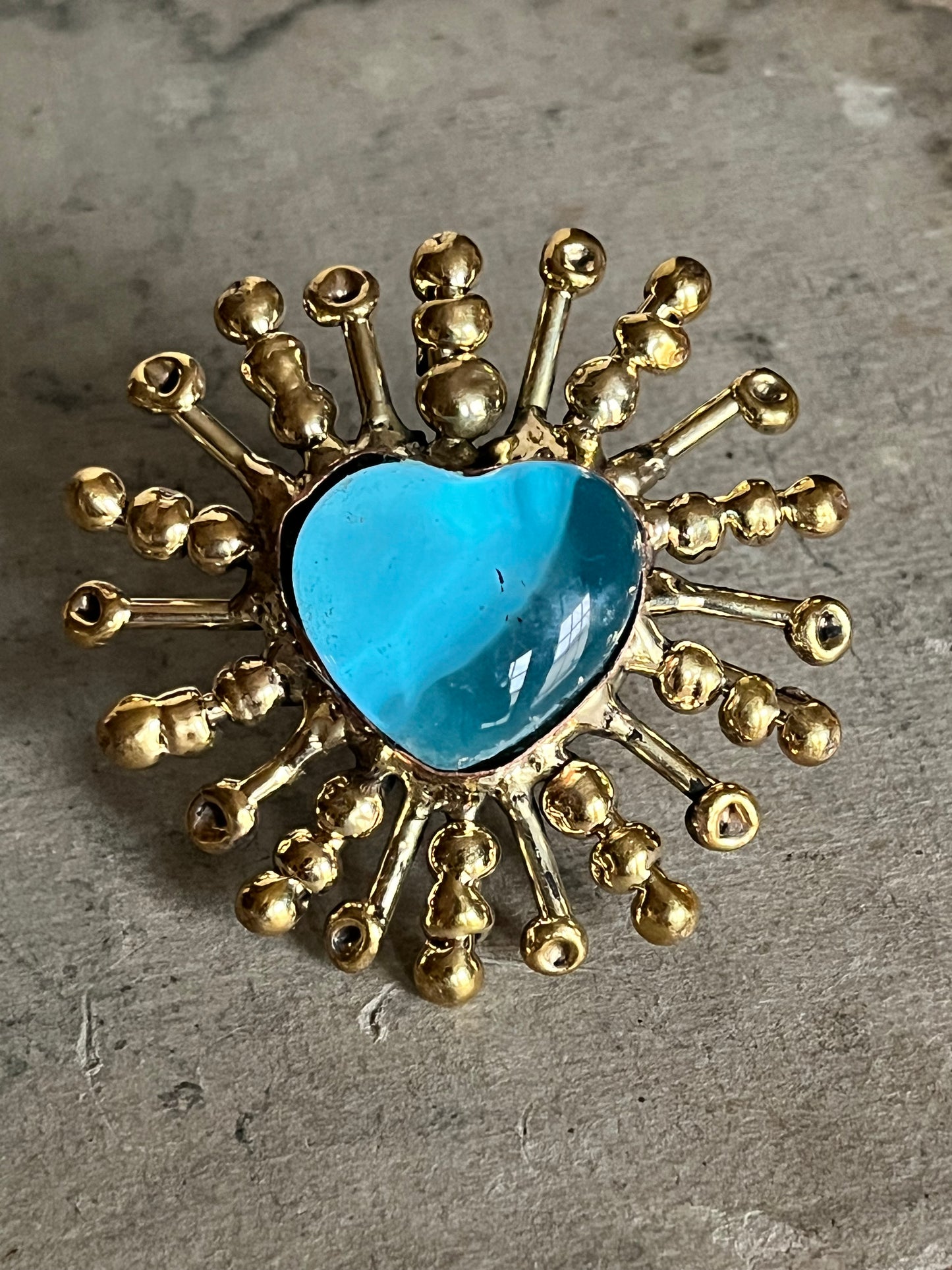 Sun Burst Sacred Glass Heart Ring & Alpaca Metal - Blue