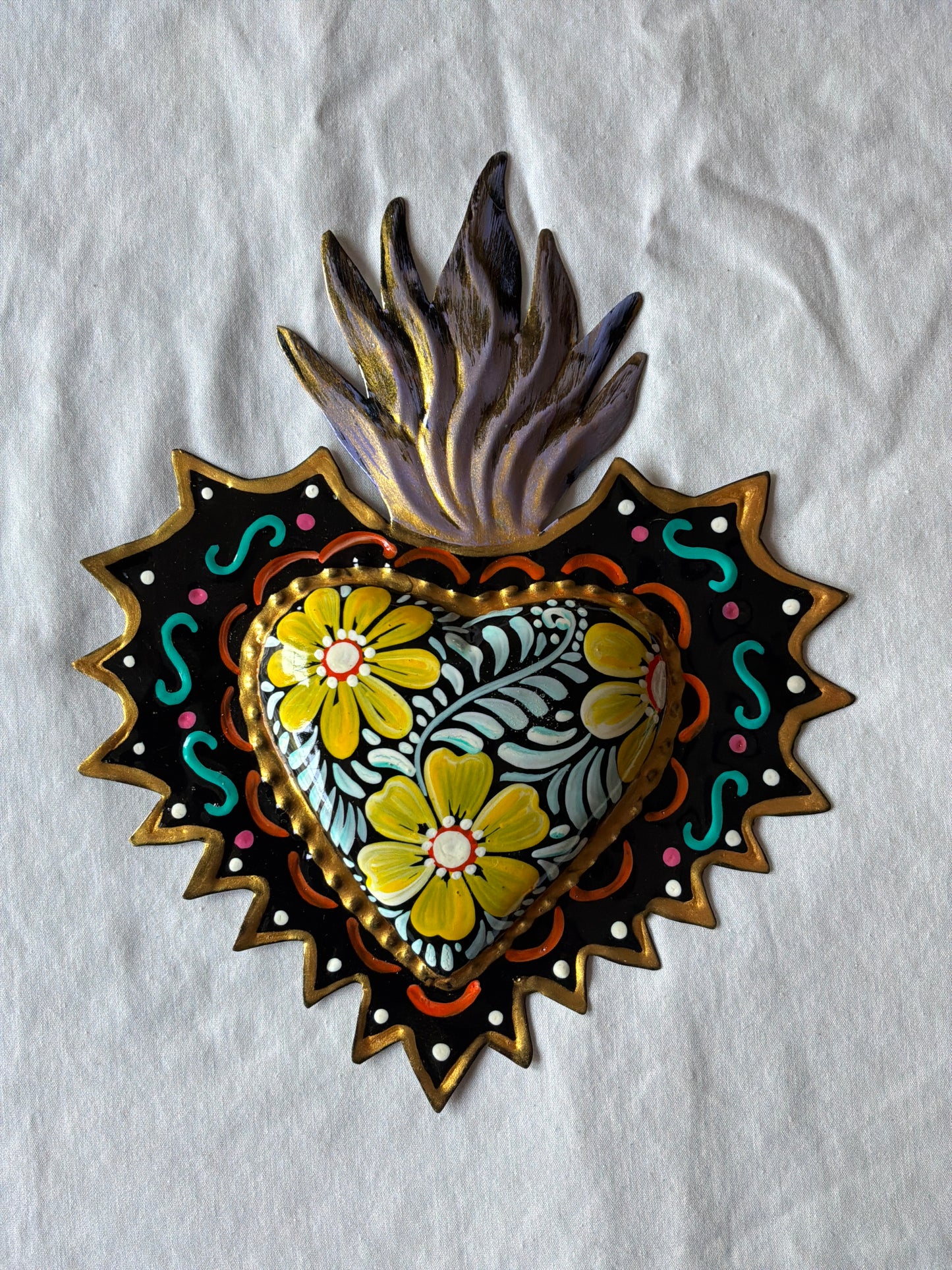 Black Otomi Inspired Handpainted Sacred Heart