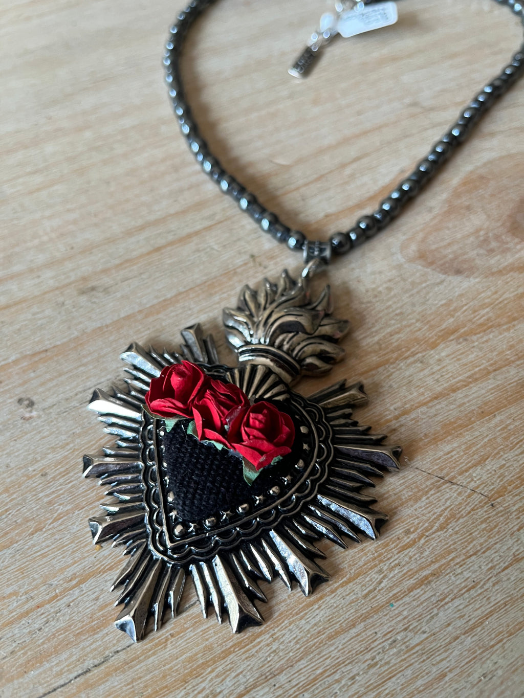 Sacred Heart Black Rose Bead Necklace