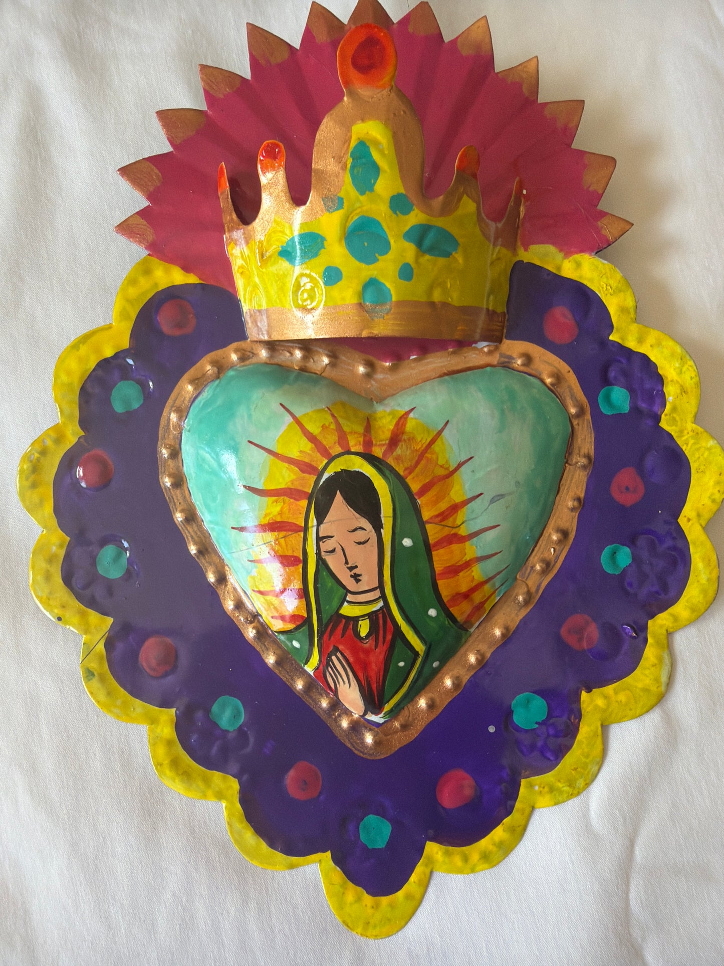 Virgen de Guadalupe Heart - Hand-painted Metal