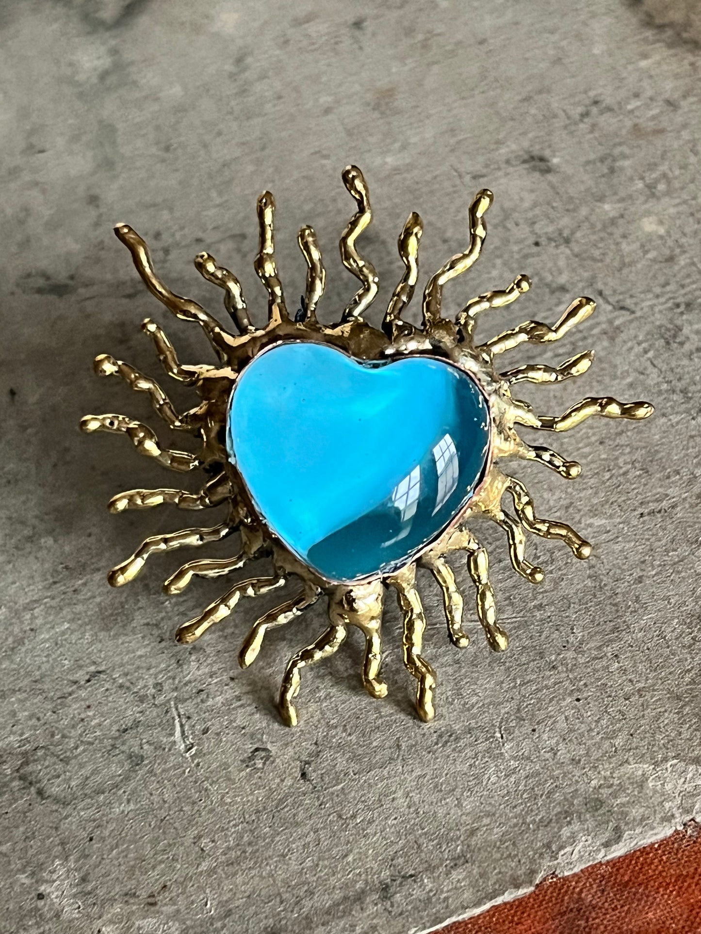 Sun Burst Sacred Glass Heart Ring & Alpaca Metal - Blue