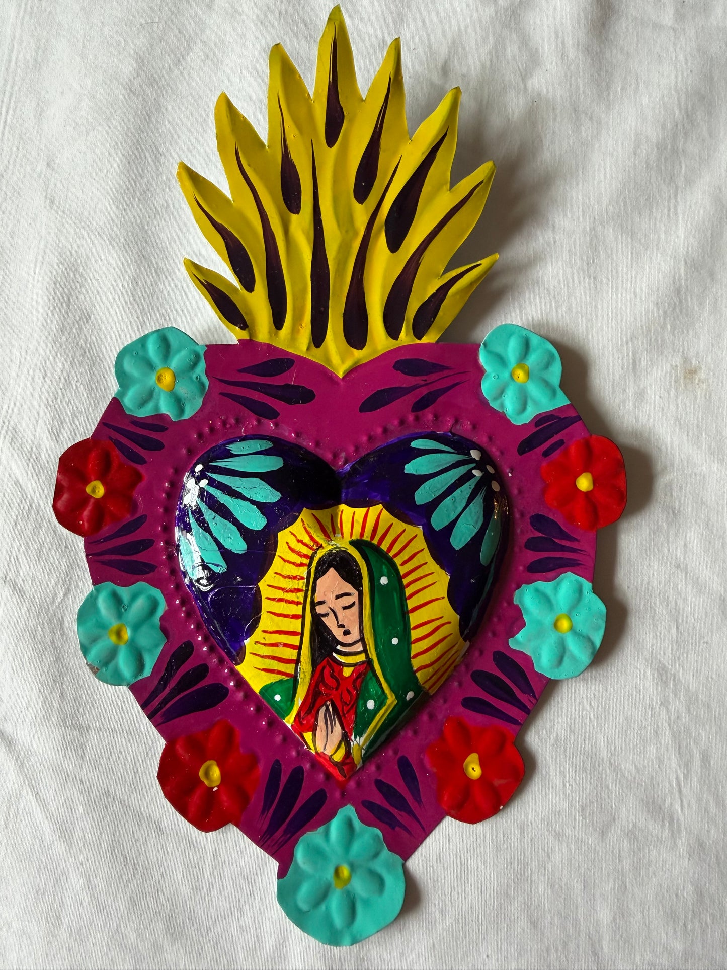 Virgen de Guadalupe Heart - Hand-painted Metal